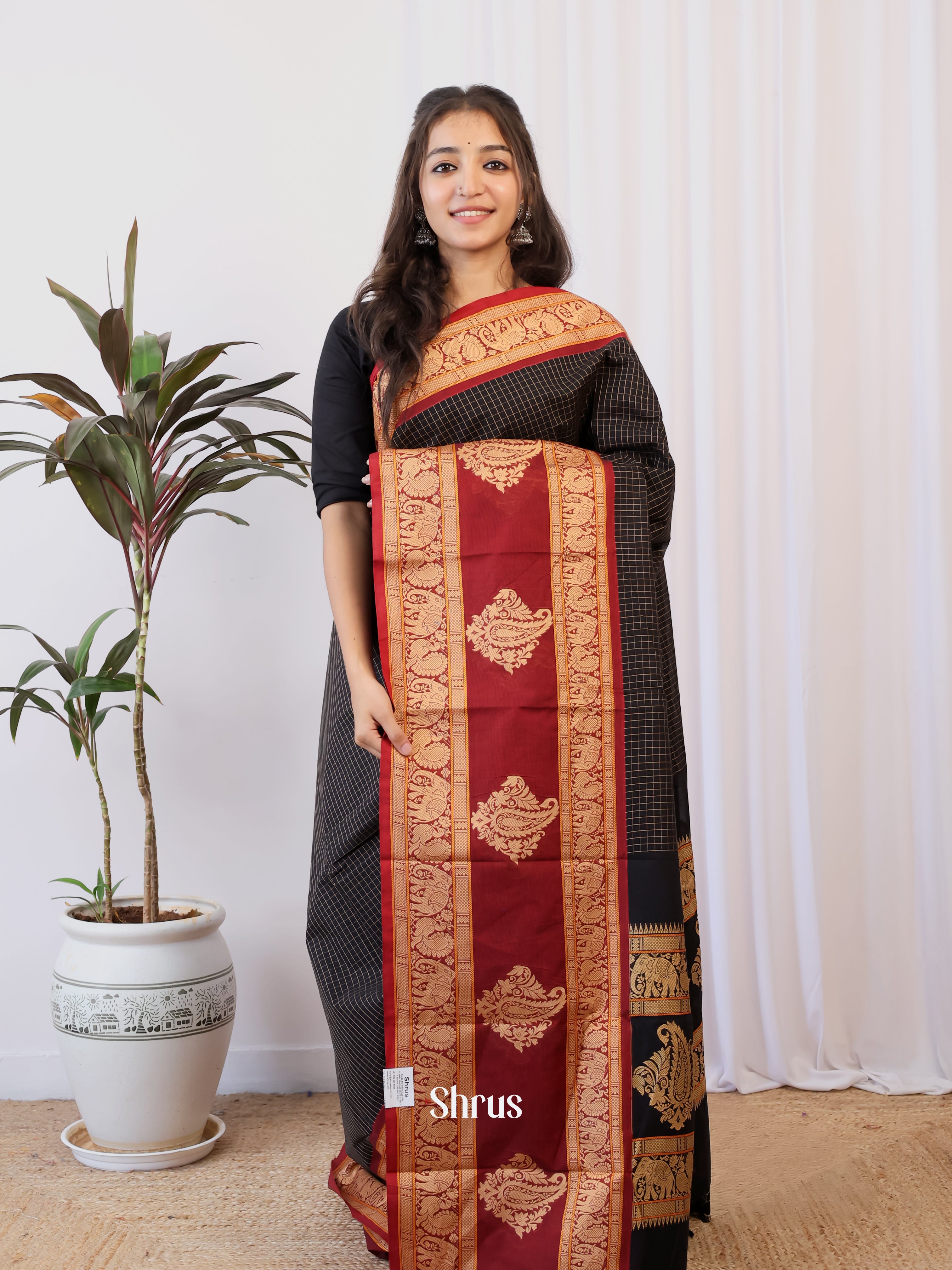 Black & Red - Chettinad Cotton Saree - Shop on Shrus.com