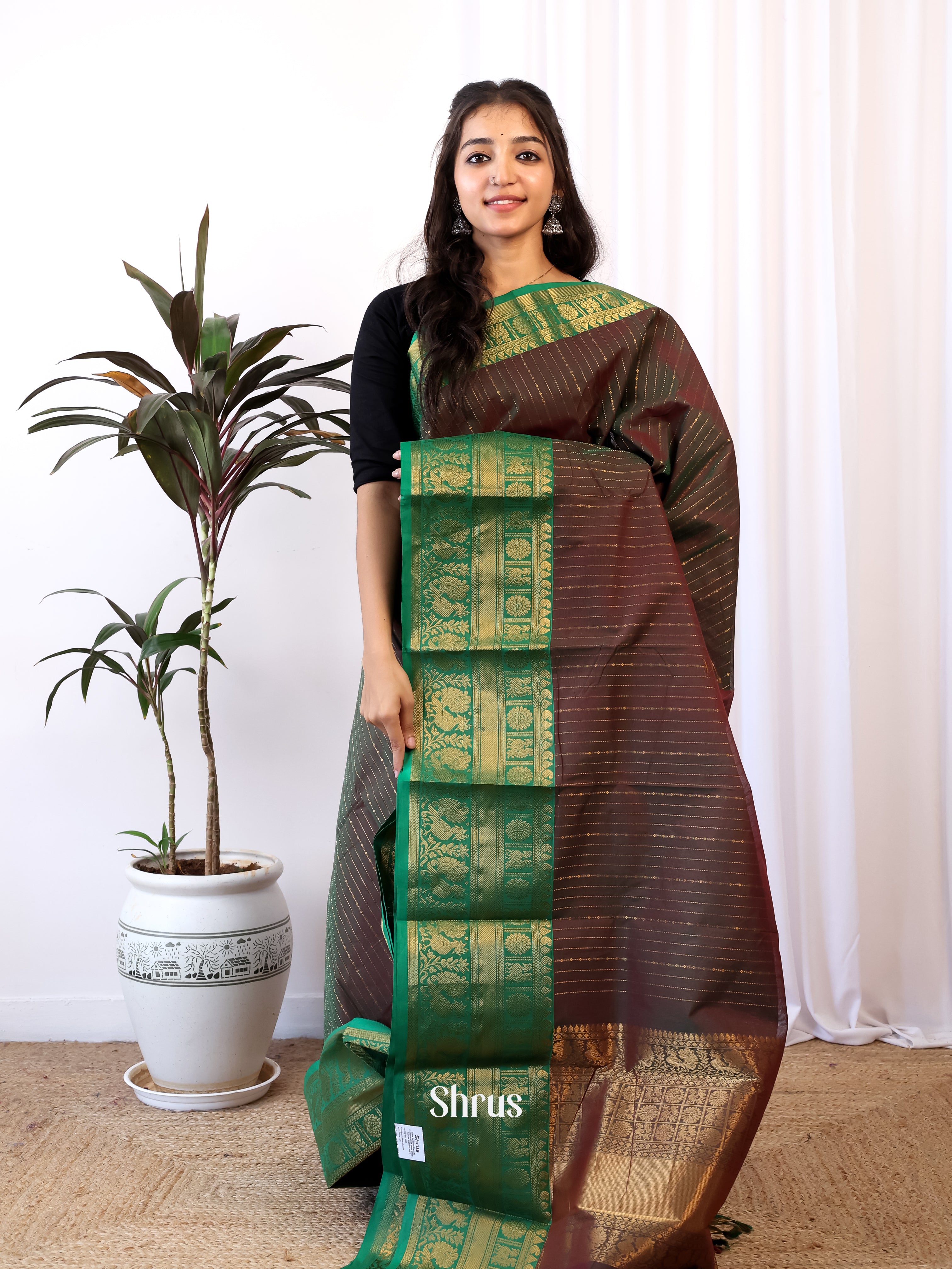 Brown & Green- Chettinad Cotton Saree - Shop on Shrus.com