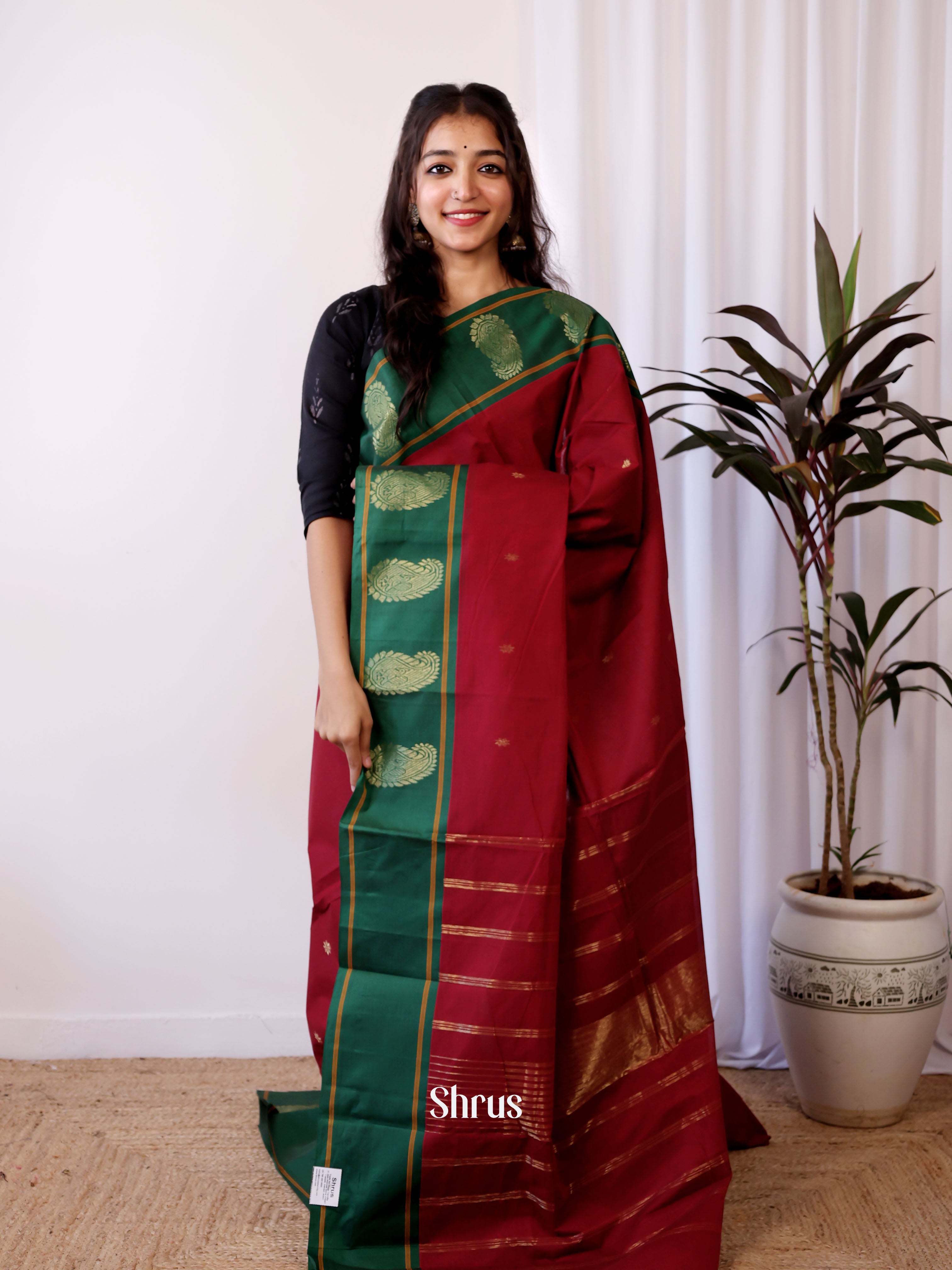 Maroon & Green- Chettinad Cotton Saree - Shop on Shrus.com