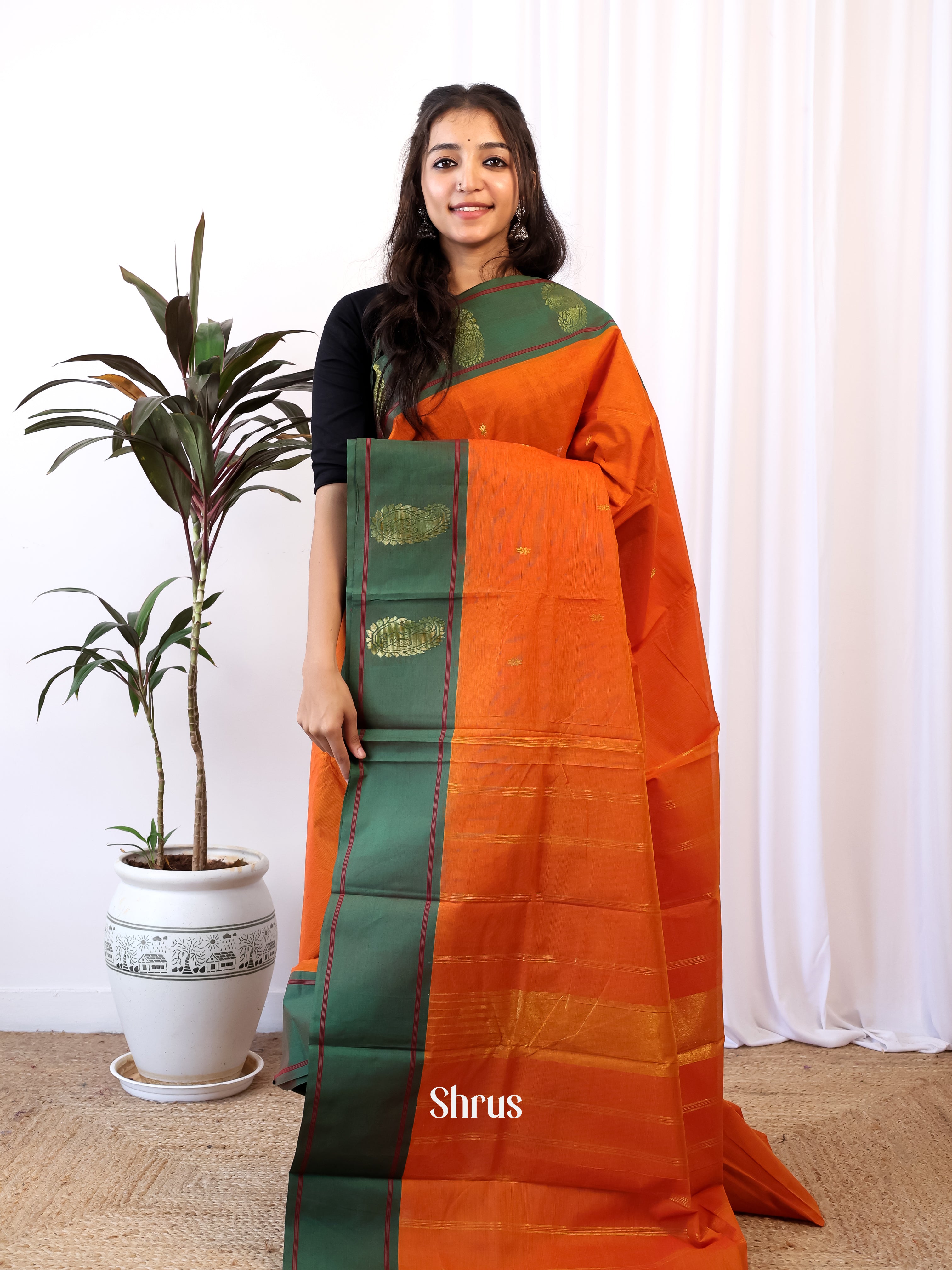 Orange & Green - Chettinad Cotton Saree - Shop on Shrus.com