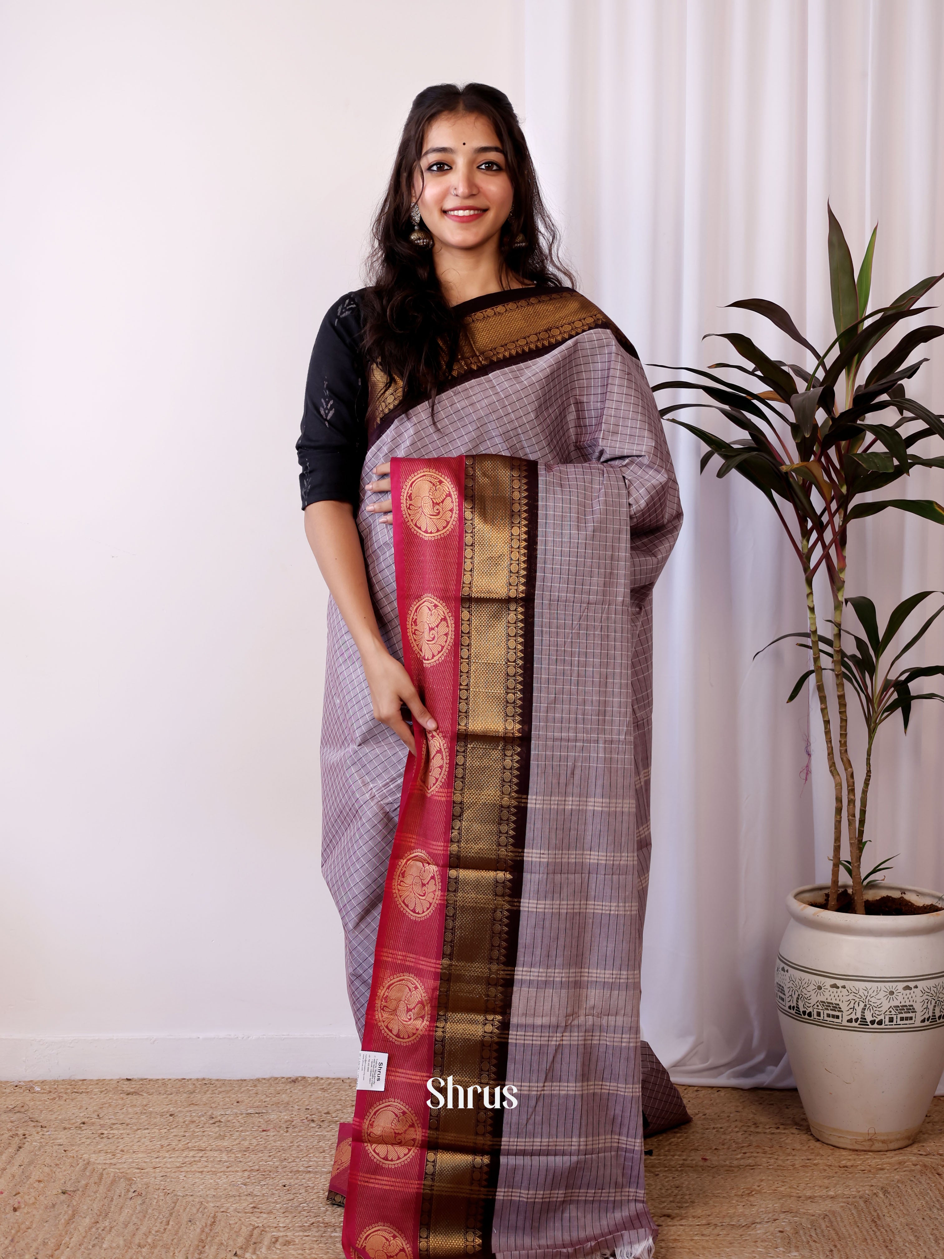 Grey & Red - Chettinad Cotton Saree - Shop on Shrus.com