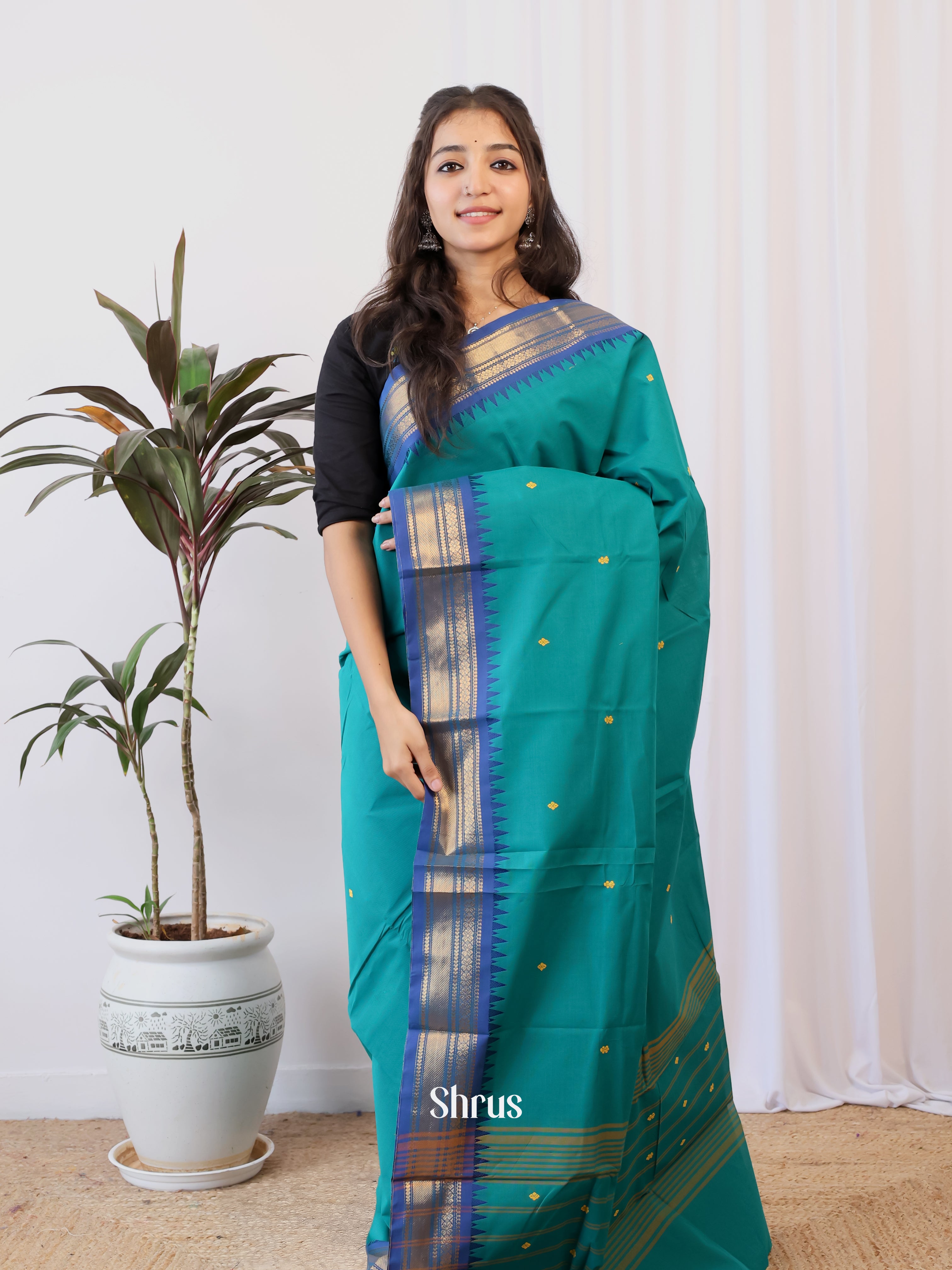 Teal & Blue - Chettinad Cotton Saree - Shop on Shrus.com