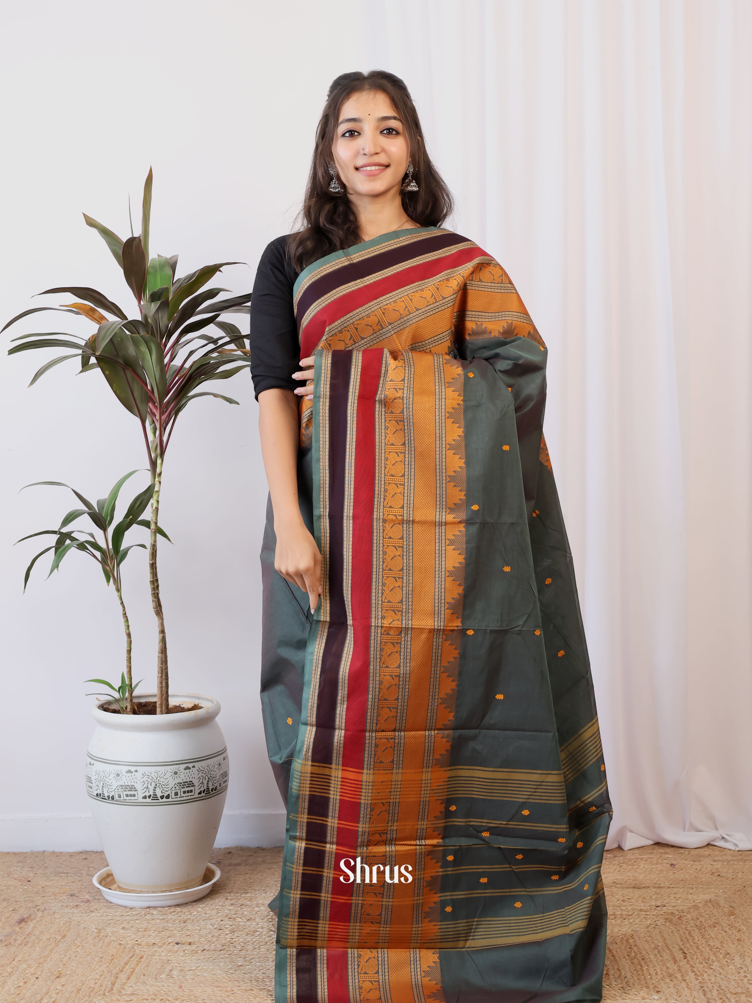 Grey & Black - Chettinad Cotton Saree - Shop on Shrus.com