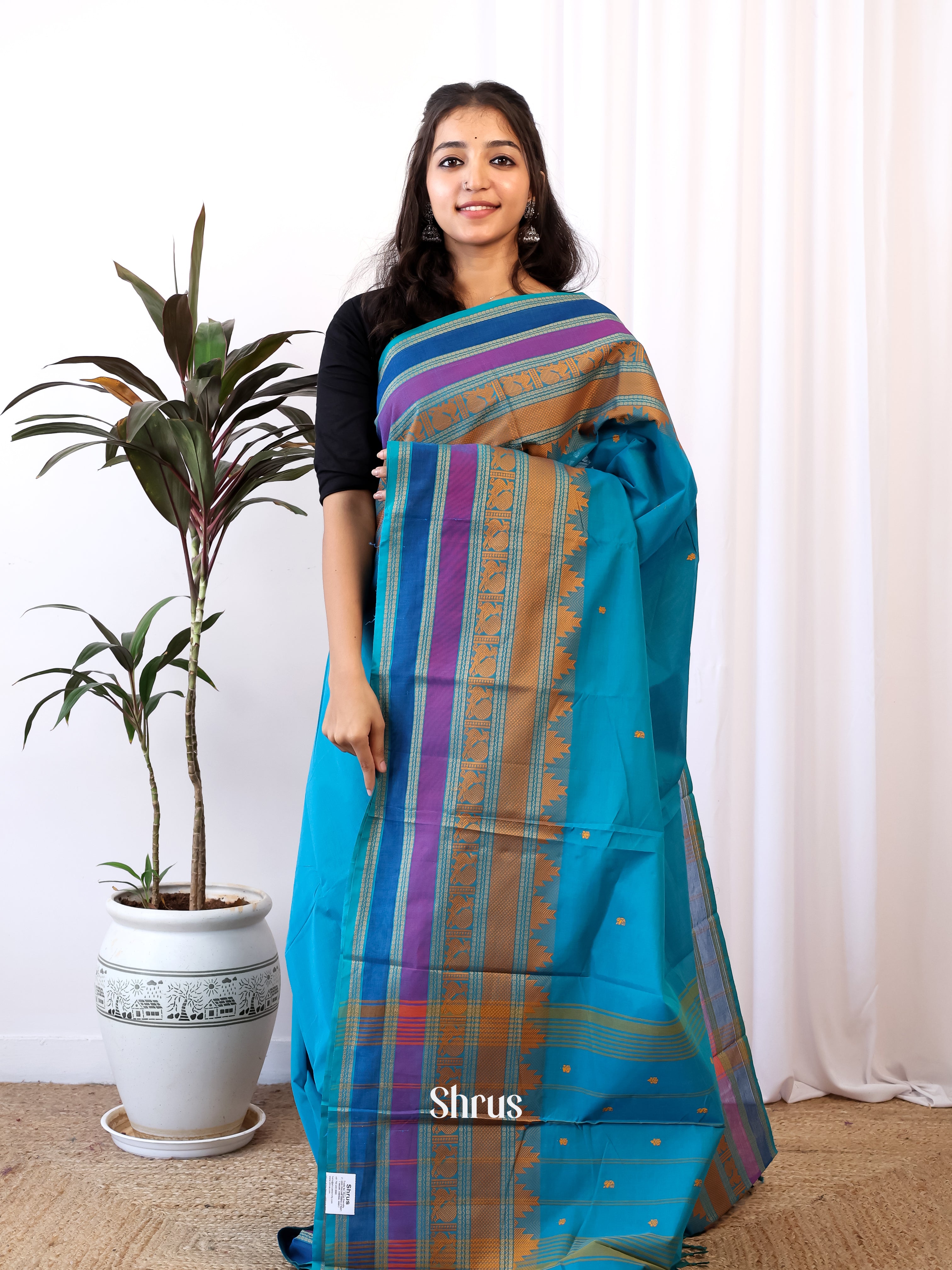 Blue - Chettinad Cotton Saree - Shop on Shrus.com