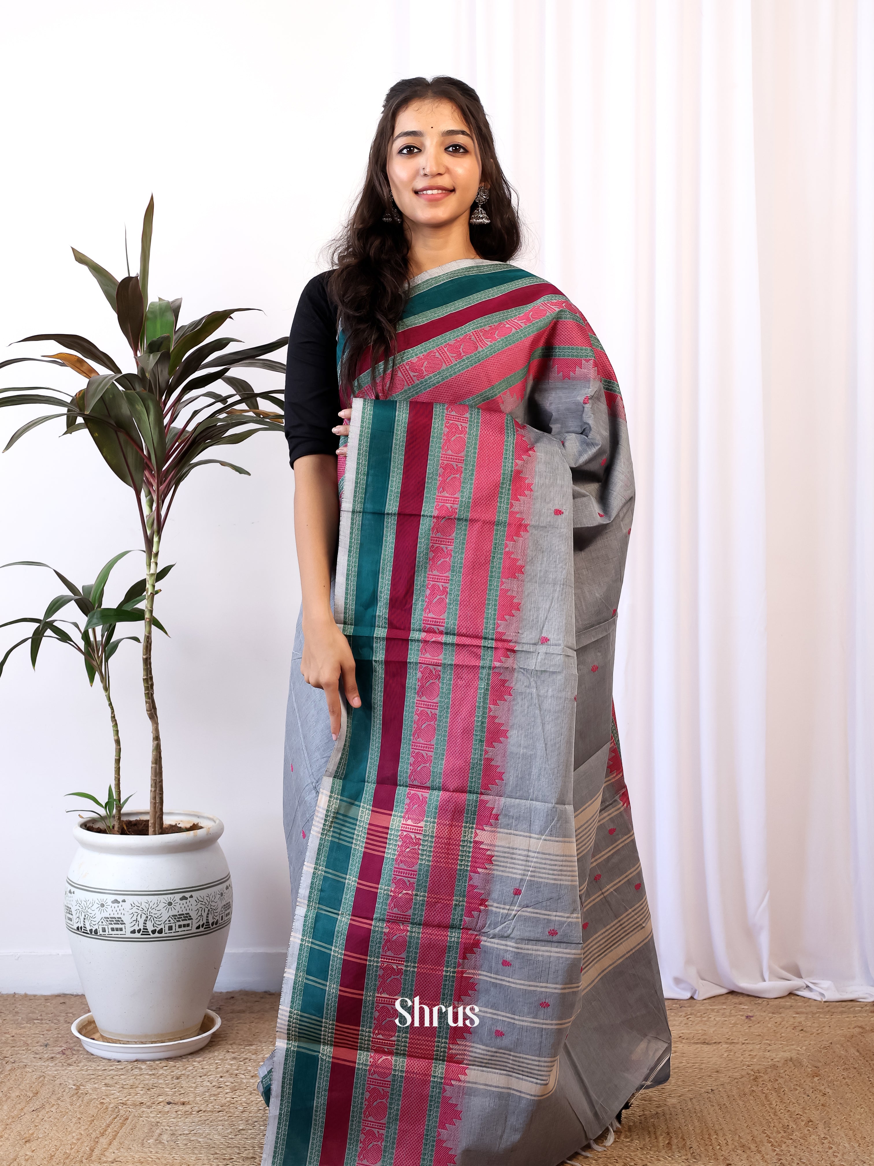 Grey & Maroon- Chettinad Cotton Saree - Shop on Shrus.com
