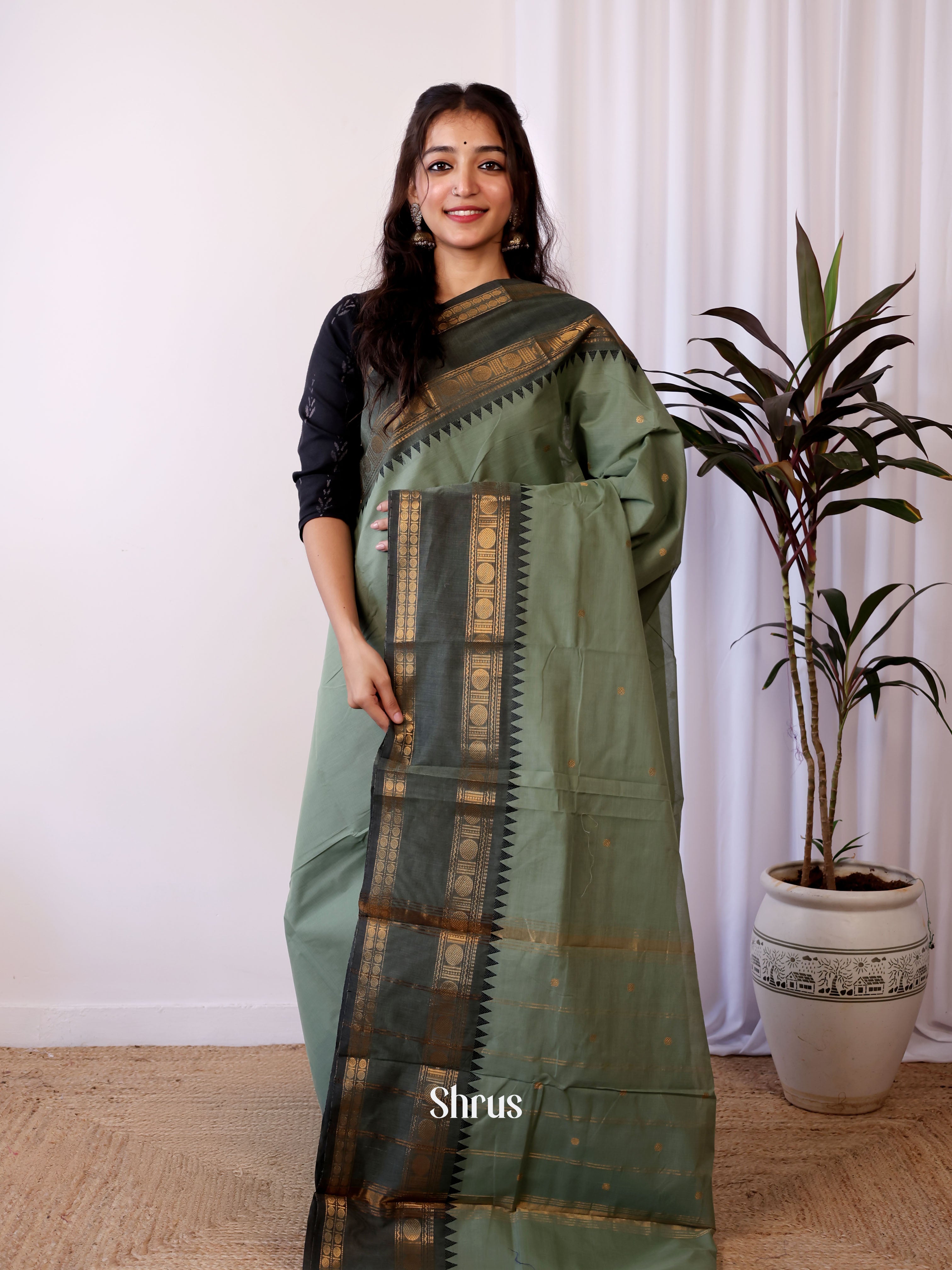 Green & Grey - Chettinad Cotton Saree - Shop on Shrus.com