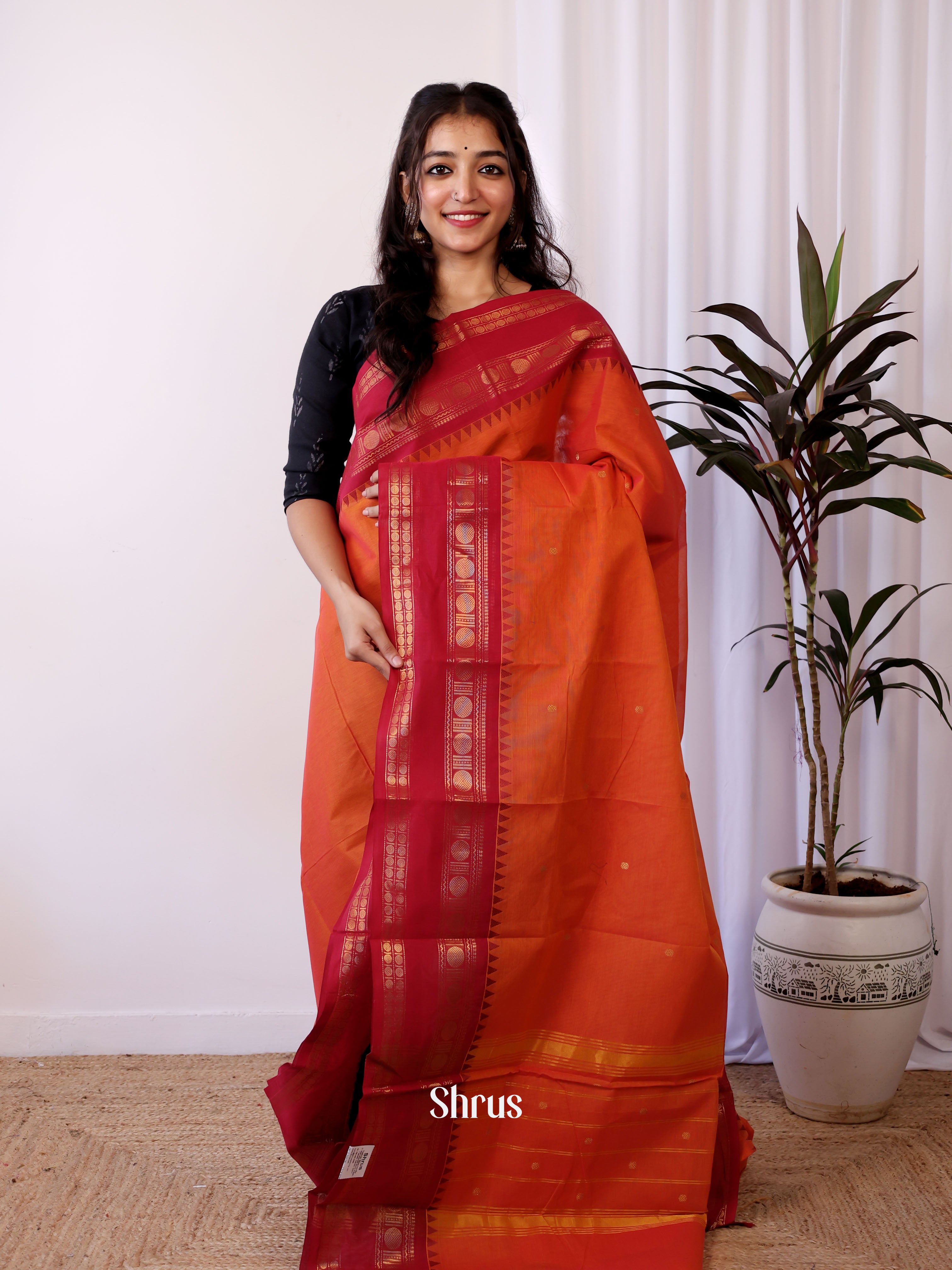 Orange & Red - Chettinad Cotton Saree - Shop on Shrus.com