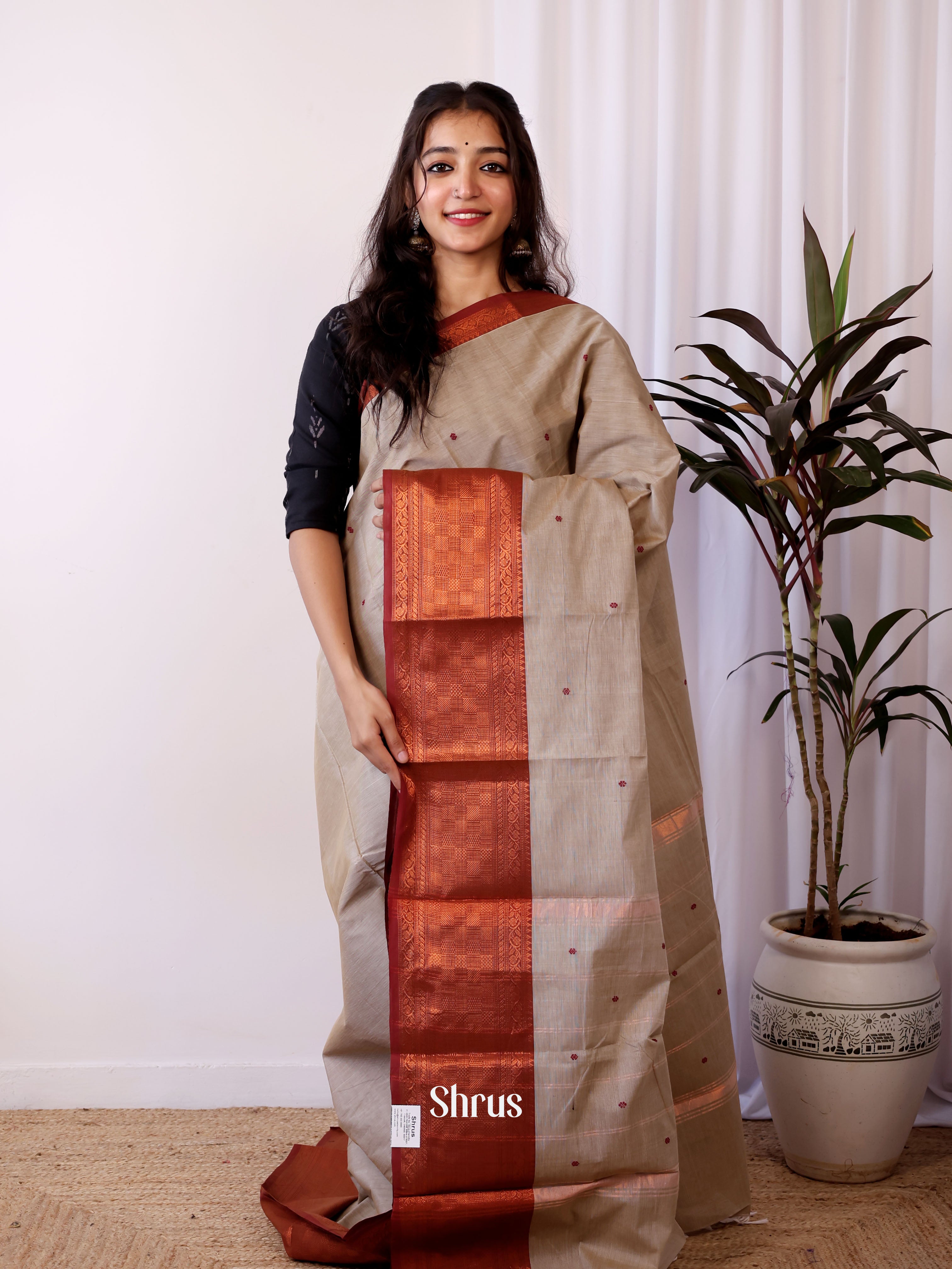 Grey & Brown - Chettinad Cotton Saree - Shop on Shrus.com