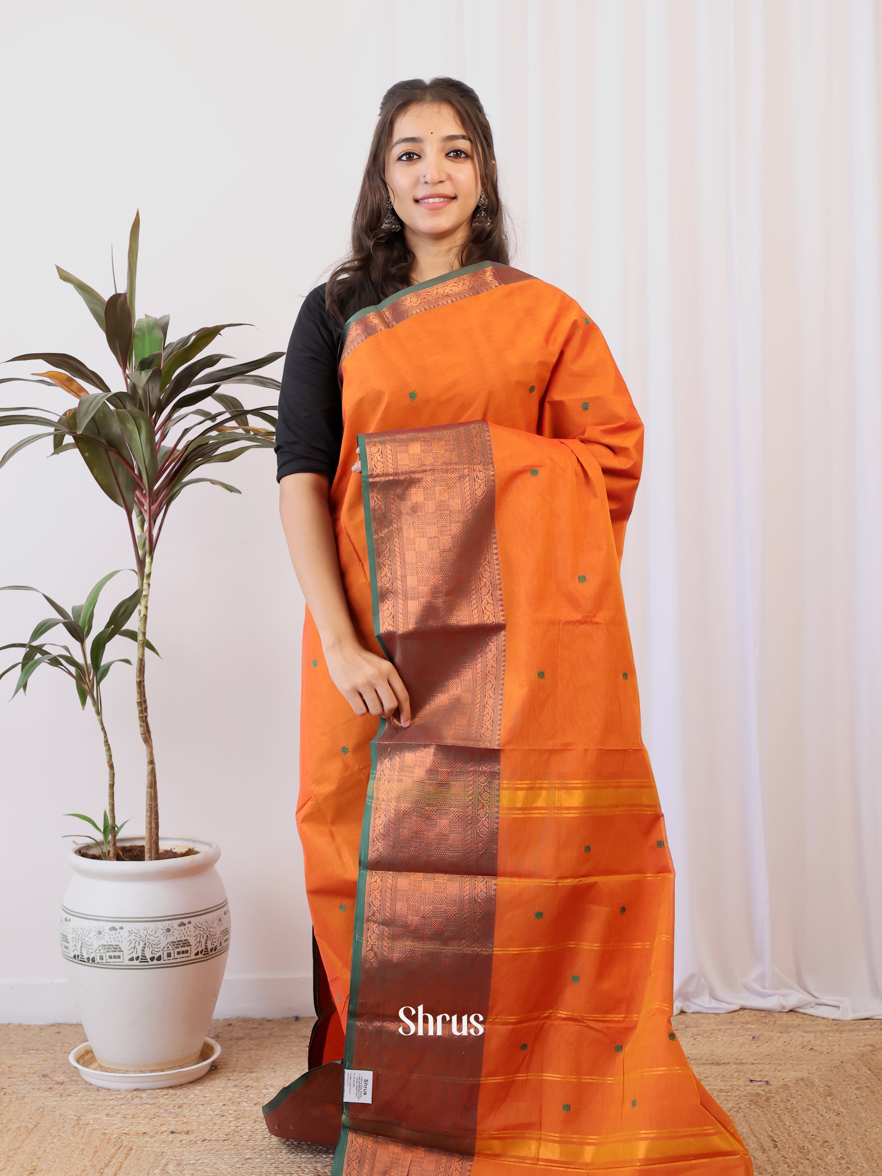 Orange & Green - Chettinad Cotton Saree - Shop on Shrus.com