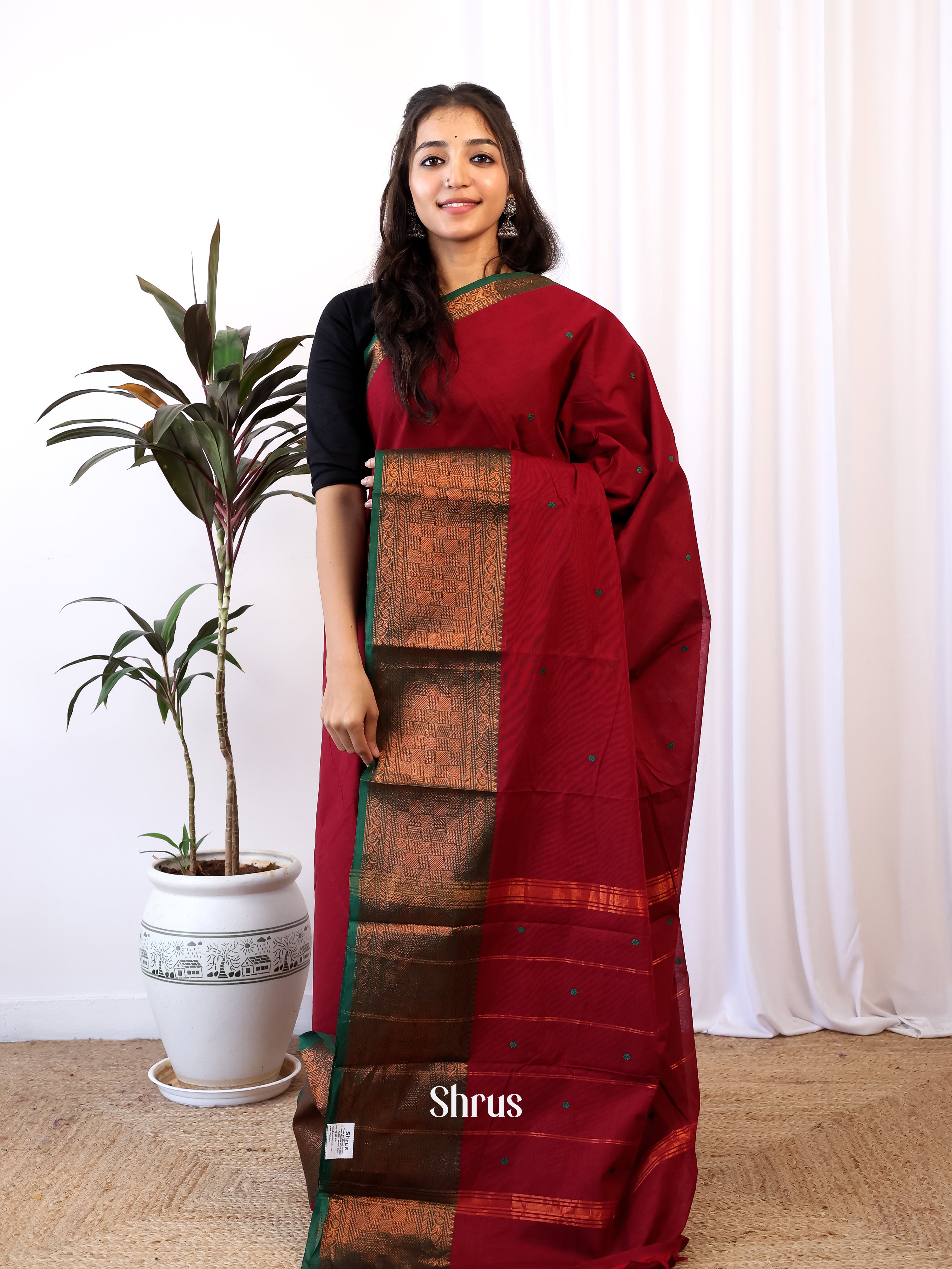 Maroon & Green - Chettinad Cotton Saree - Shop on Shrus.com