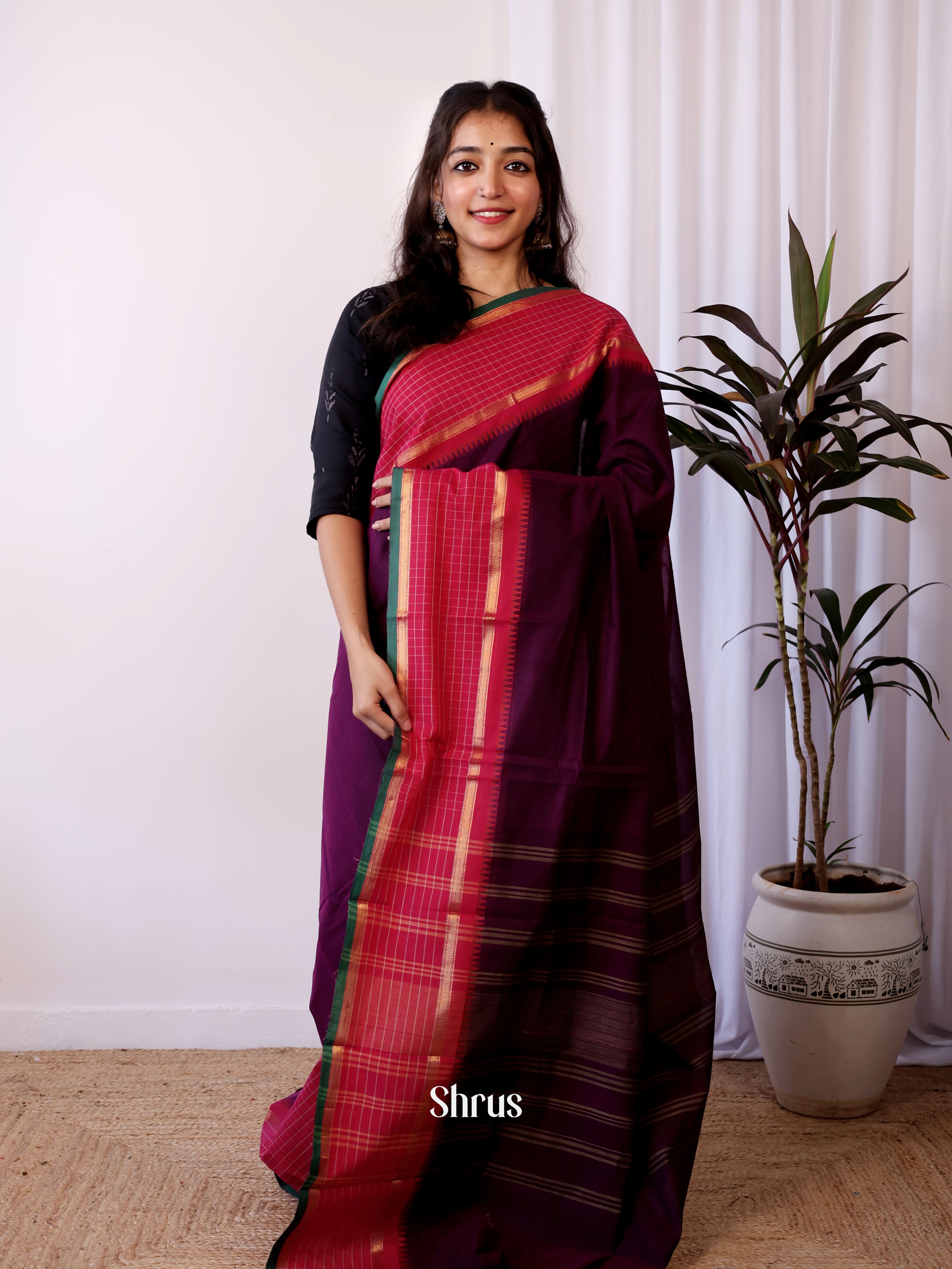 Purple & Red - Chettinad Cotton Saree - Shop on Shrus.com