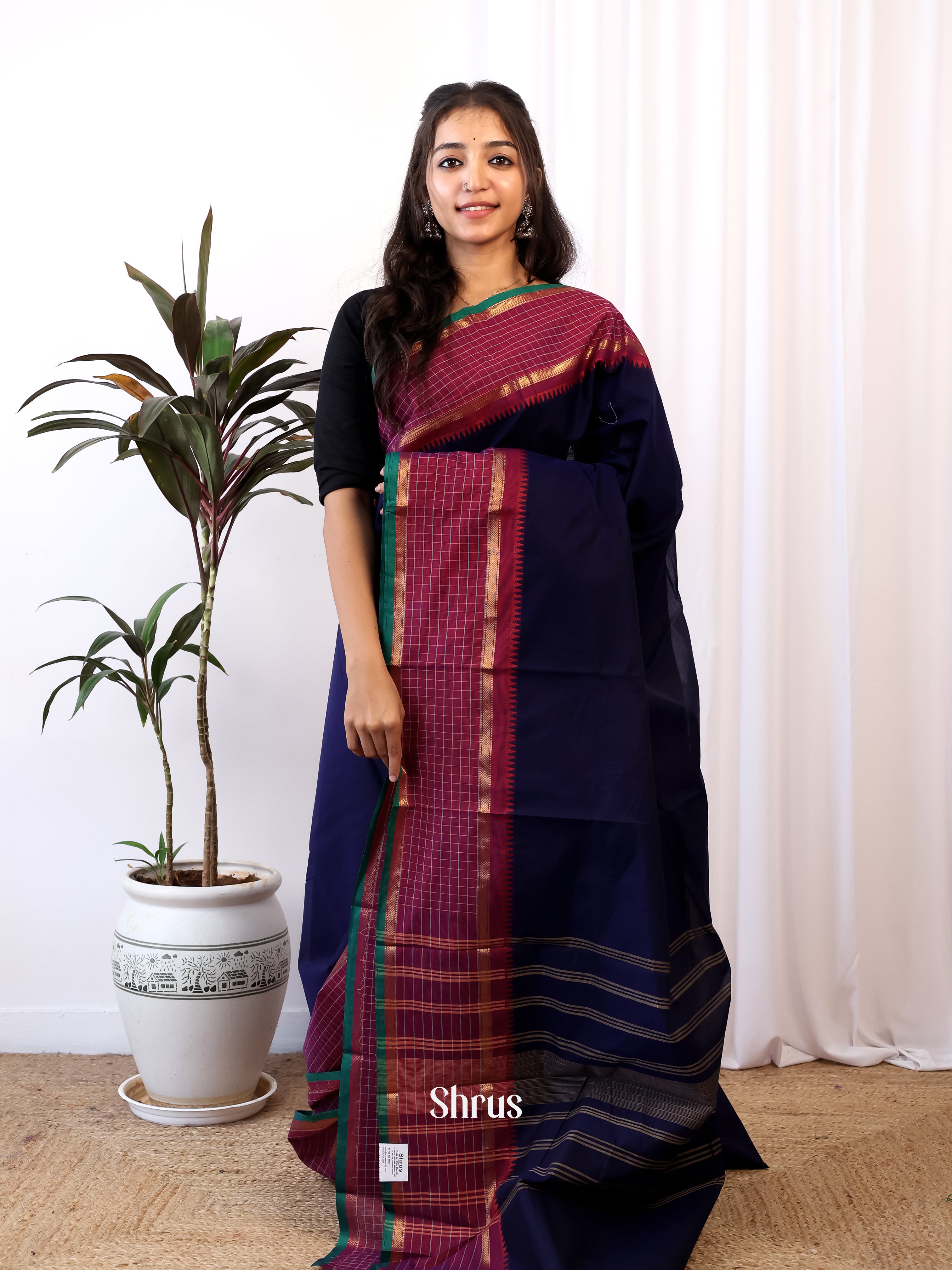 Blue & Maroon - Chettinad Cotton Saree - Shop on Shrus.com