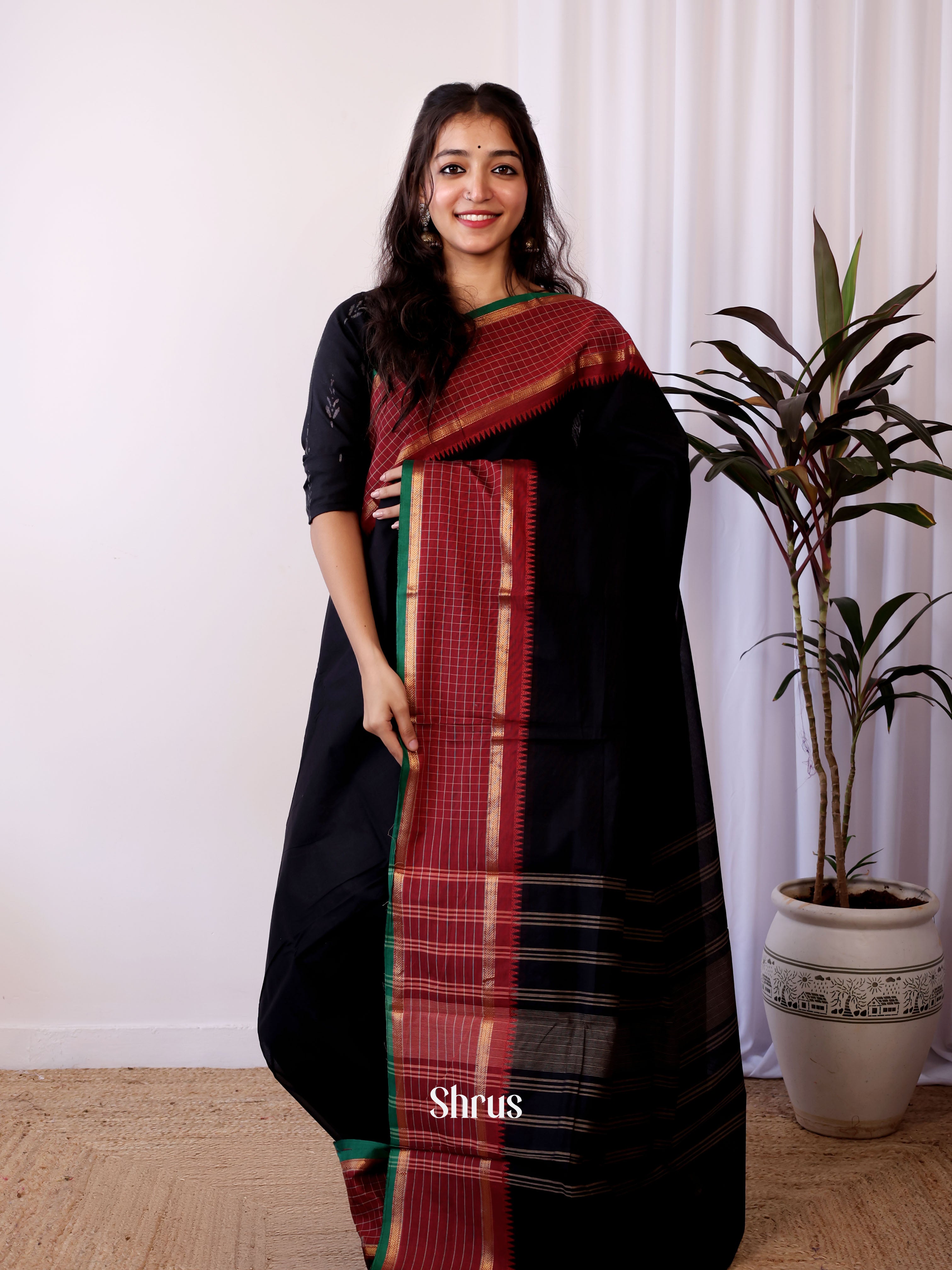 black & Maroon - Chettinad Cotton Saree - Shop on Shrus.com