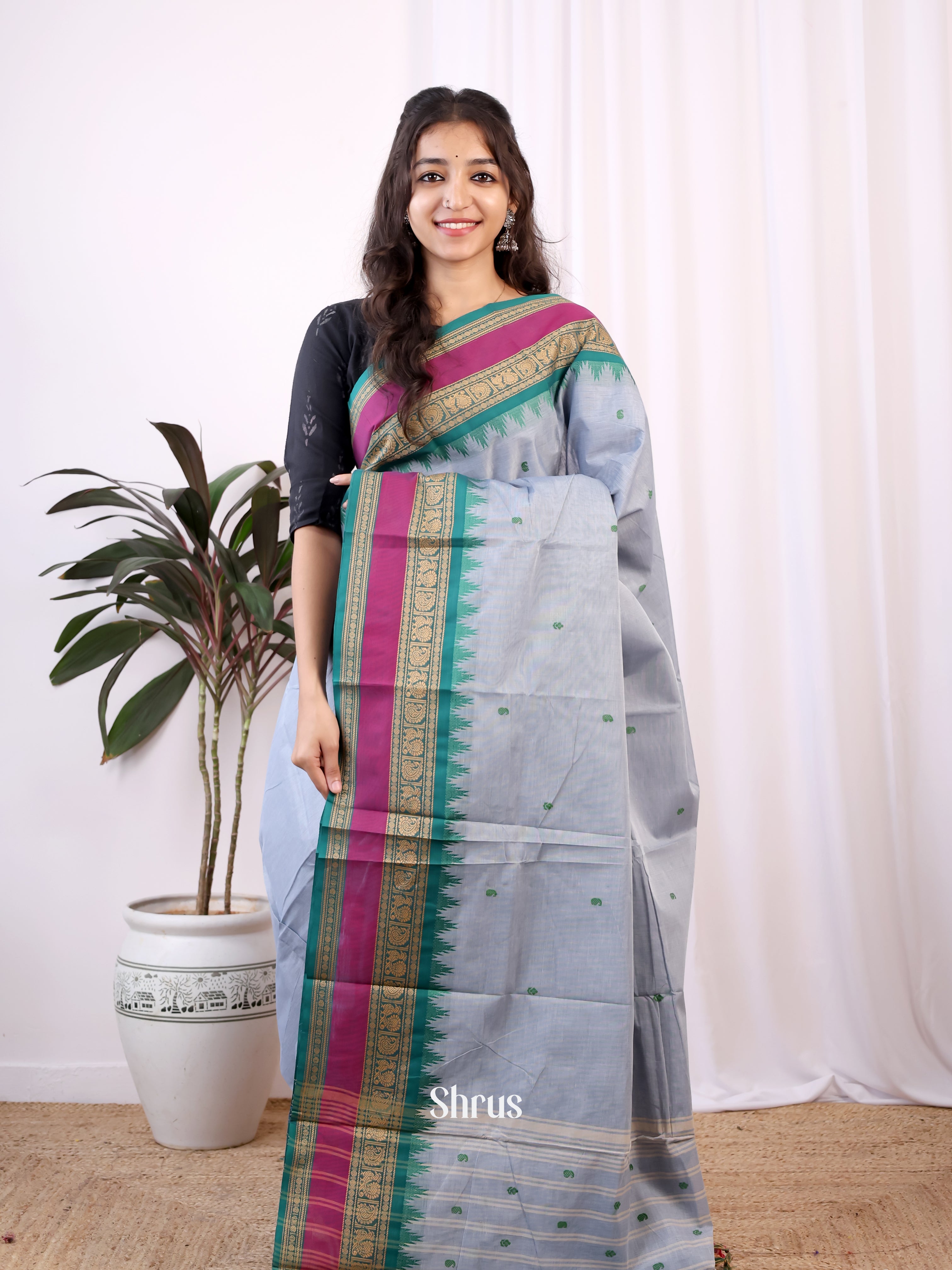 grey & Green- Chettinad Cotton Saree - Shop on Shrus.com
