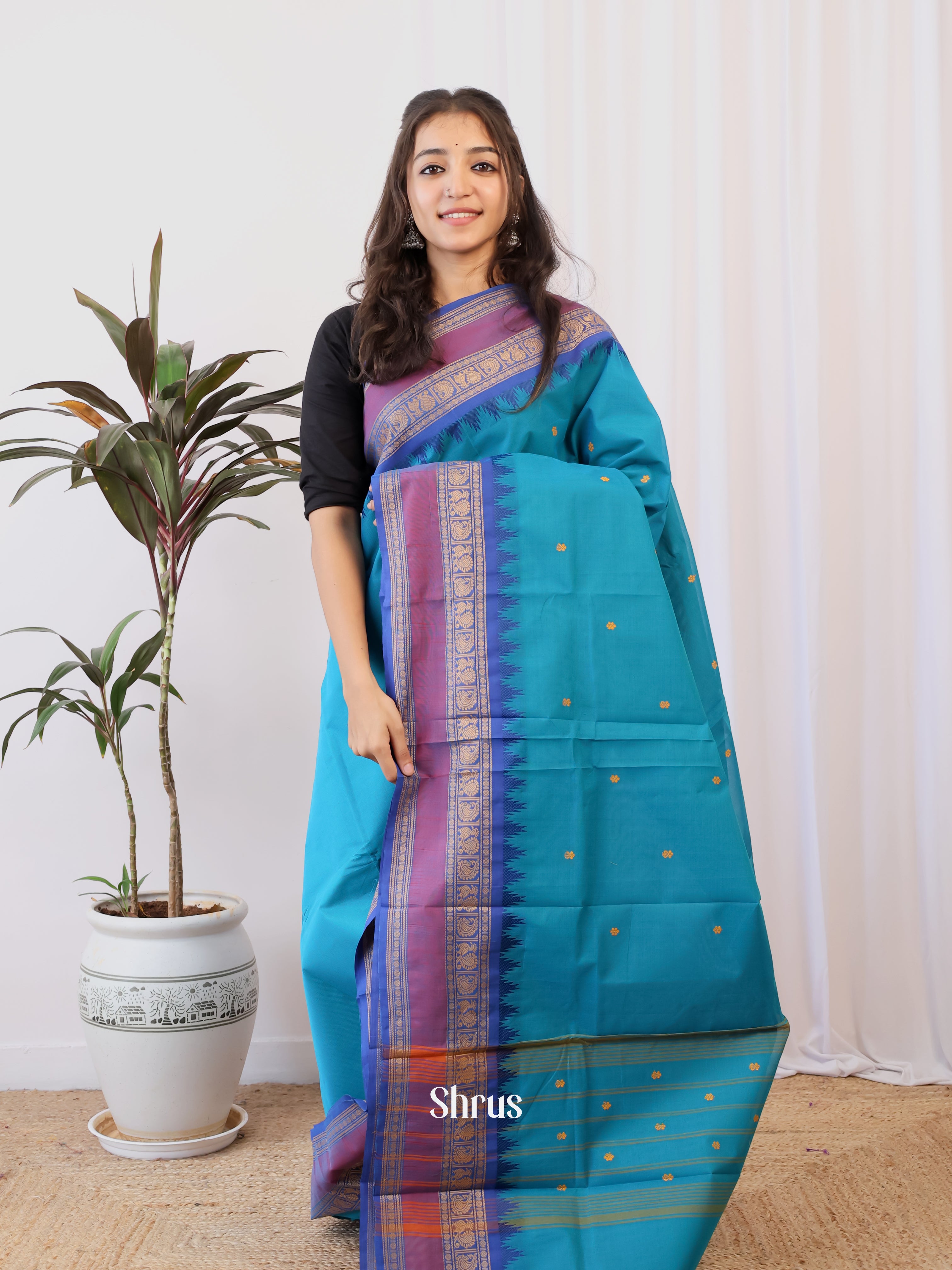Teal & Blue - Chettinad Cotton Saree - Shop on Shrus.com