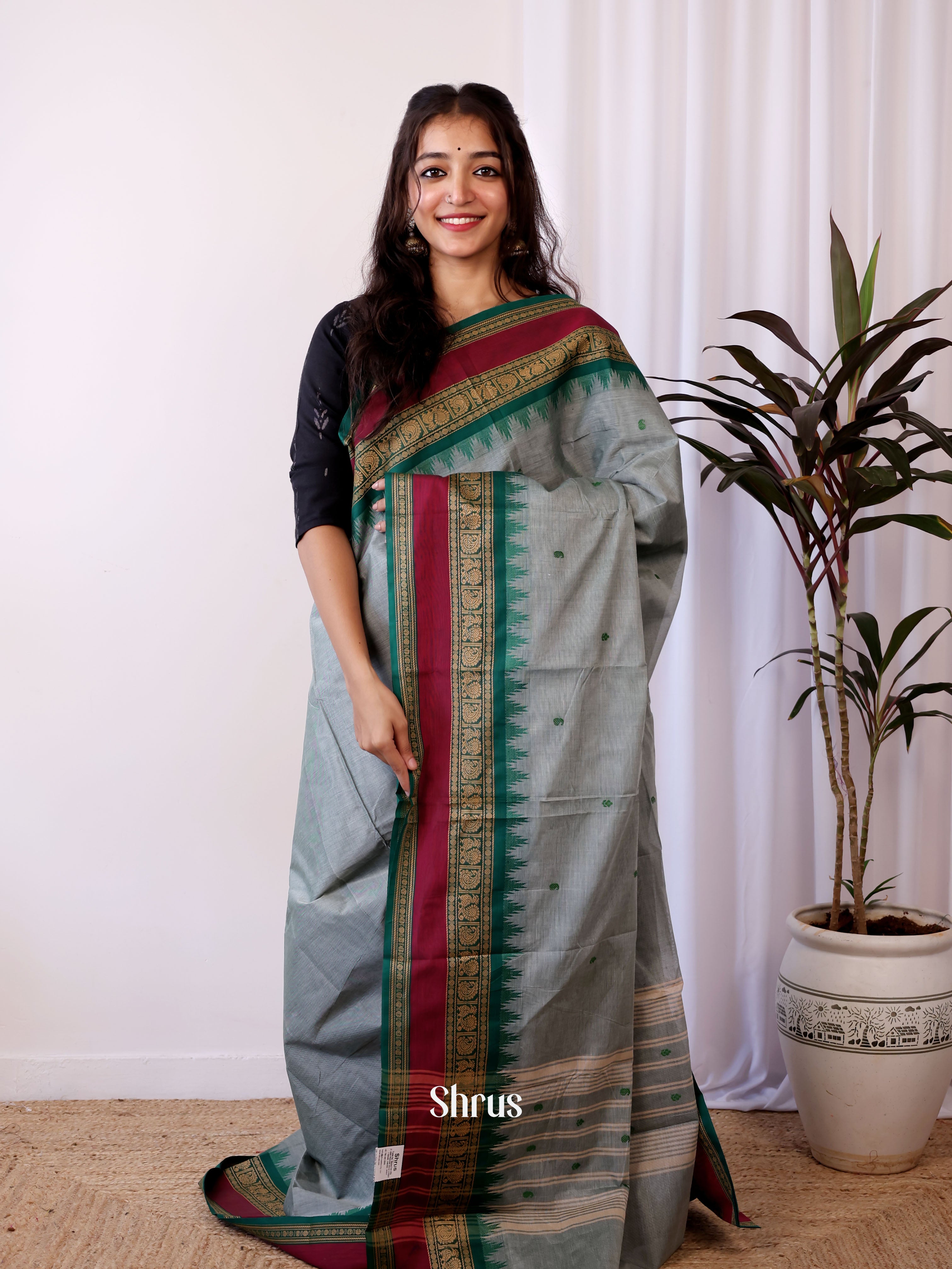 Grey & Green- Chettinad Cotton Saree - Shop on Shrus.com