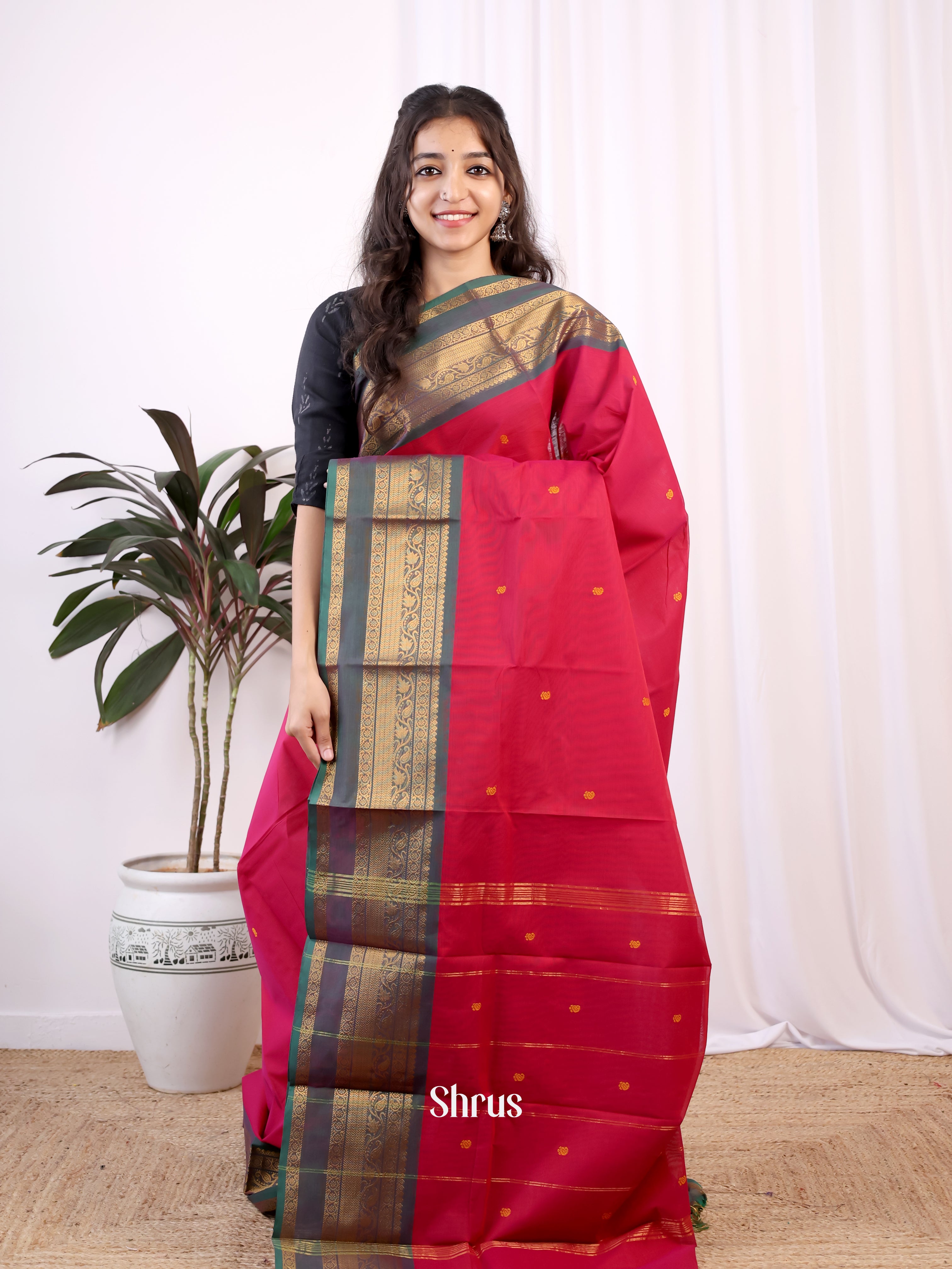 Red & Double Shaded Green - Chettinad Cotton Saree - Shop on Shrus.com
