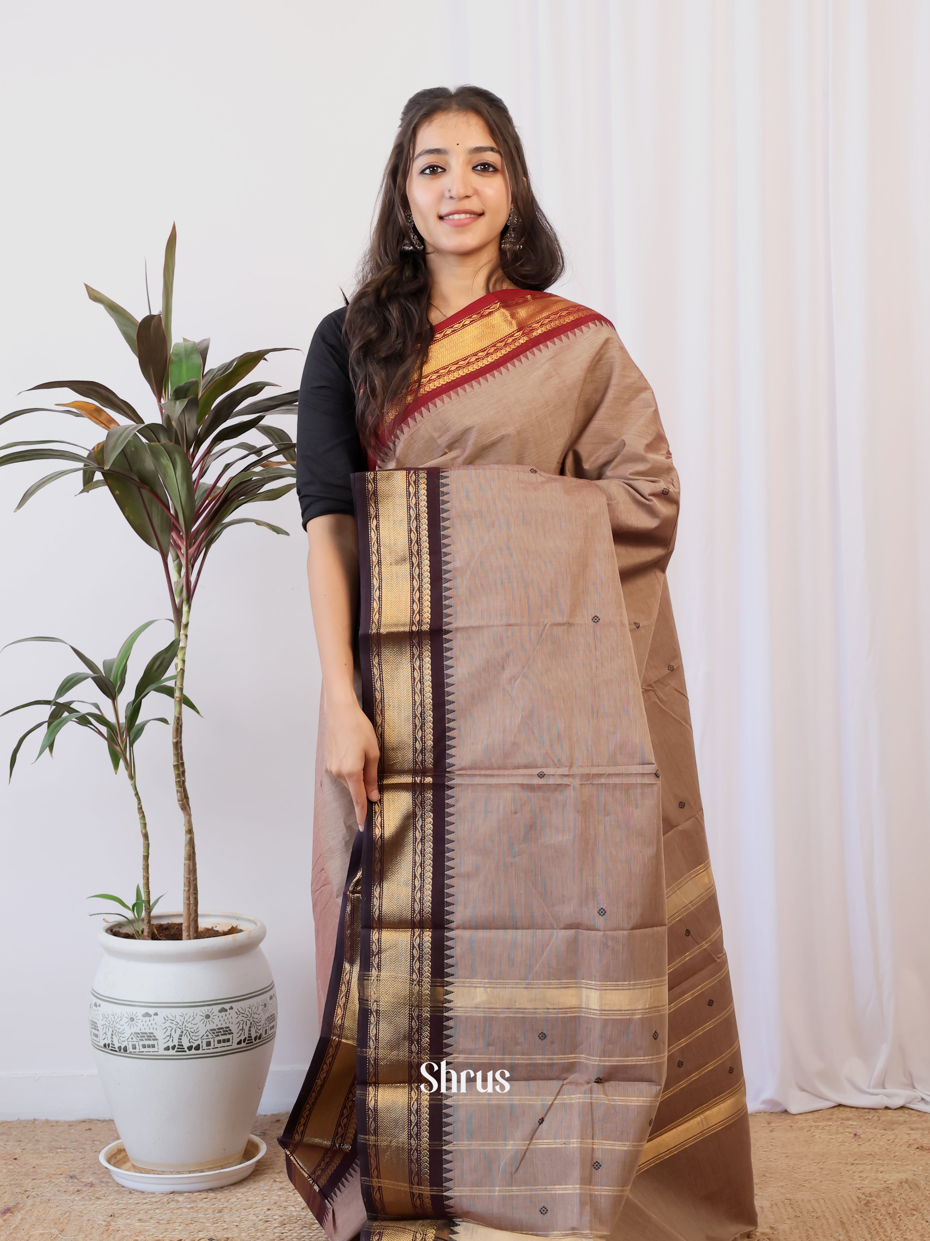 Grey & Maroon - Chettinad Cotton Saree - Shop on Shrus.com