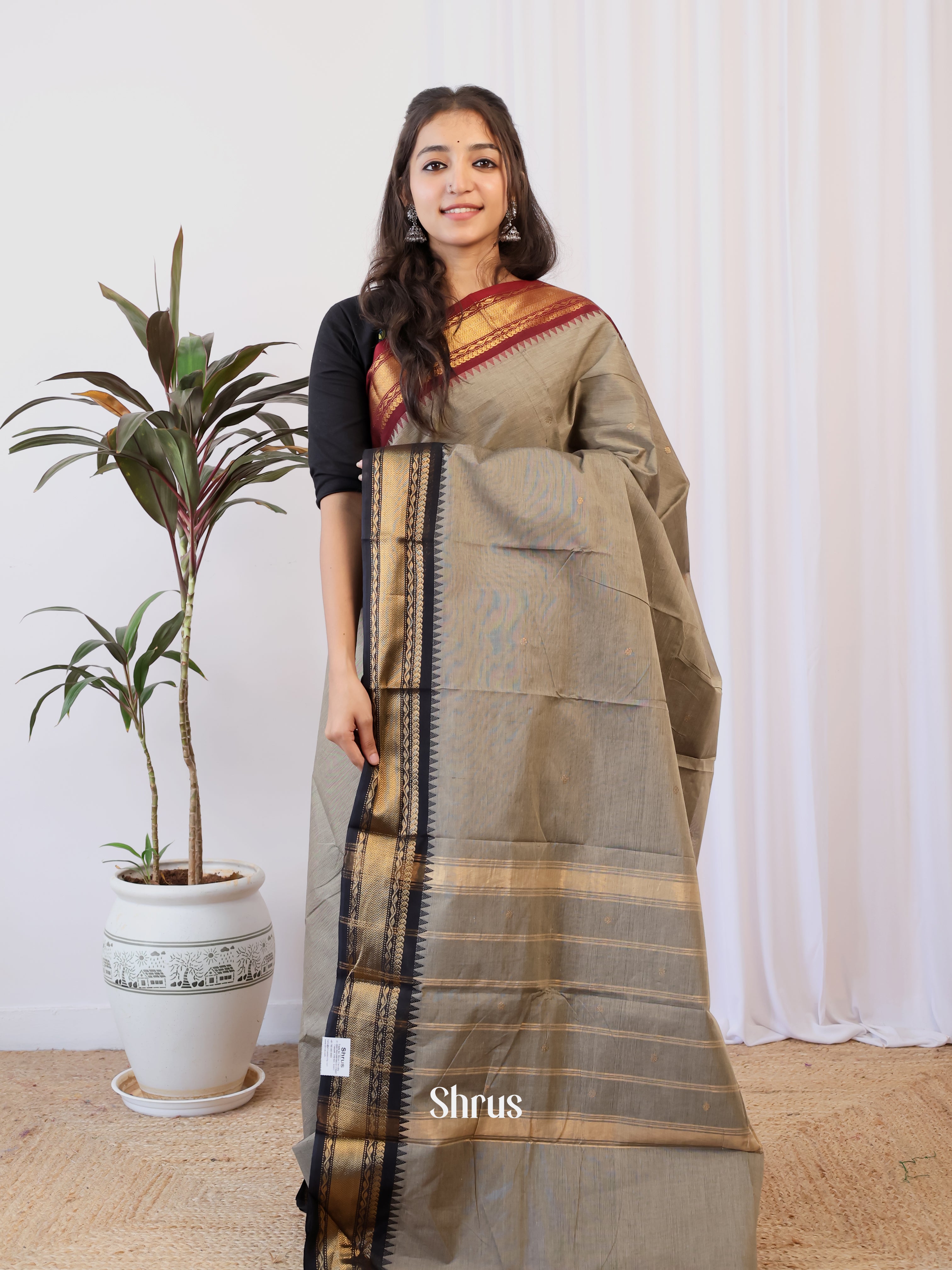 Grey & Black - Chettinad Cotton Saree - Shop on Shrus.com
