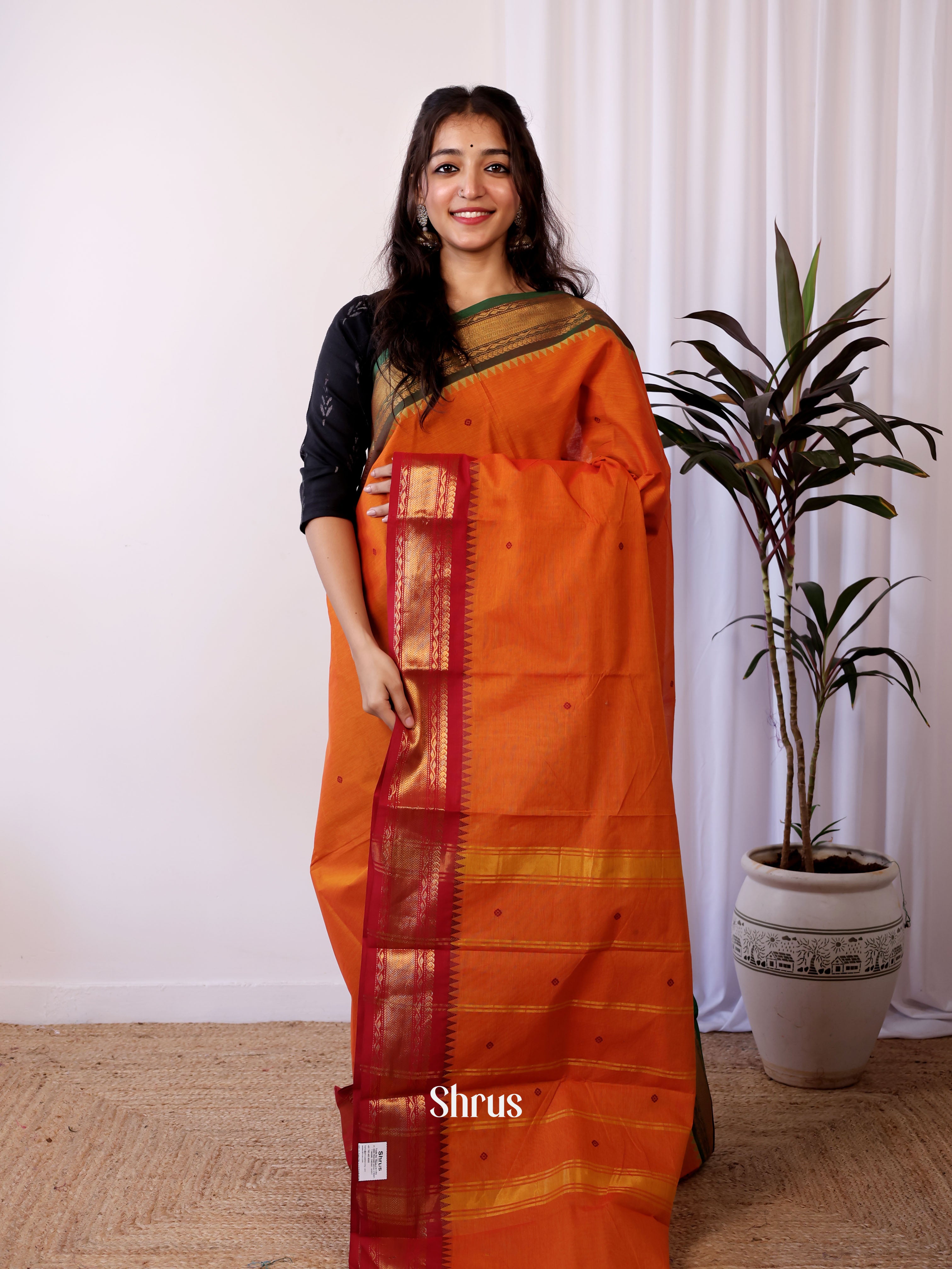 Orange & Red - Chettinad Cotton Saree - Shop on Shrus.com