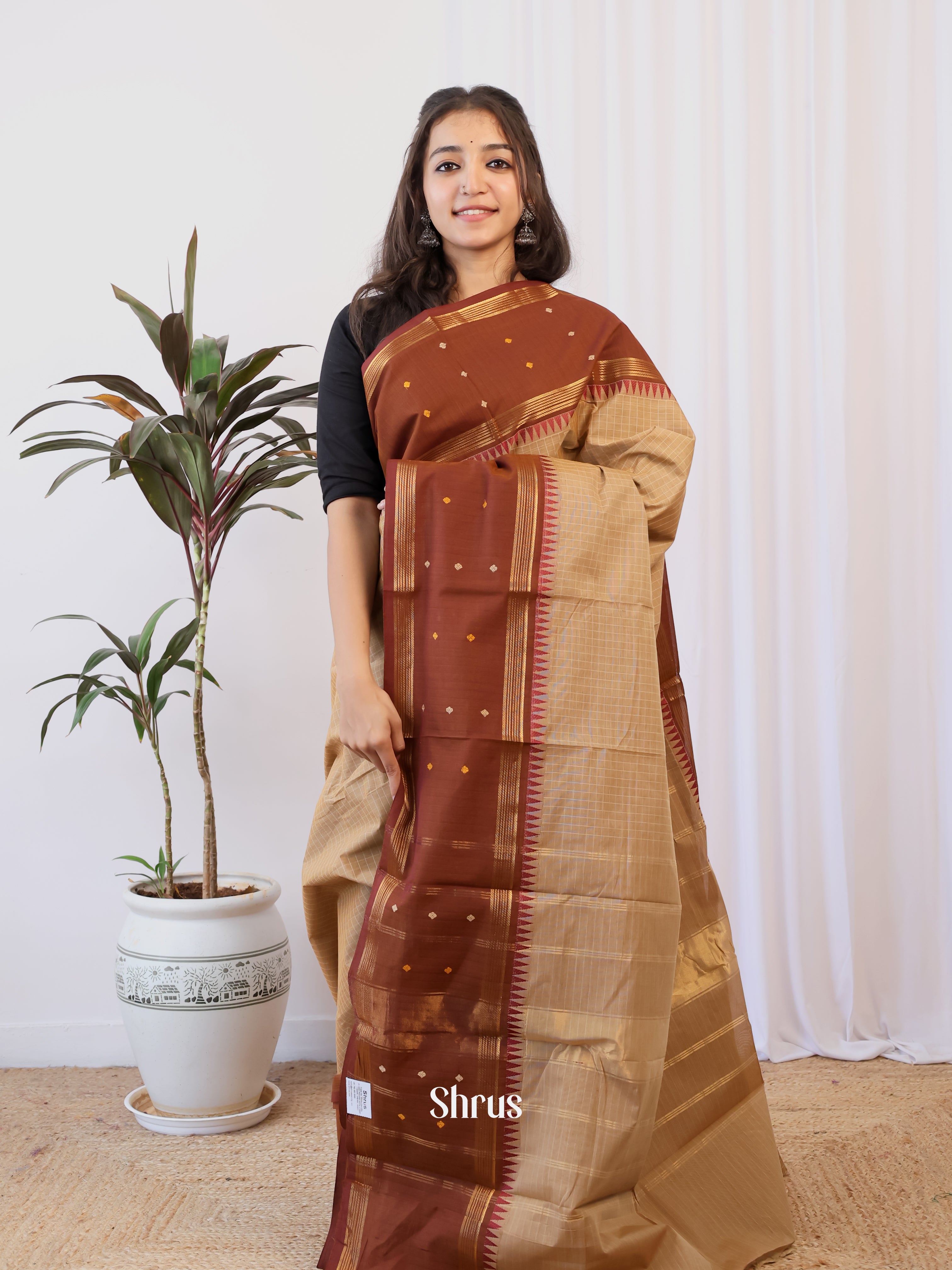 Dull Brown & Brown - Chettinad Cotton Saree - Shop on Shrus.com