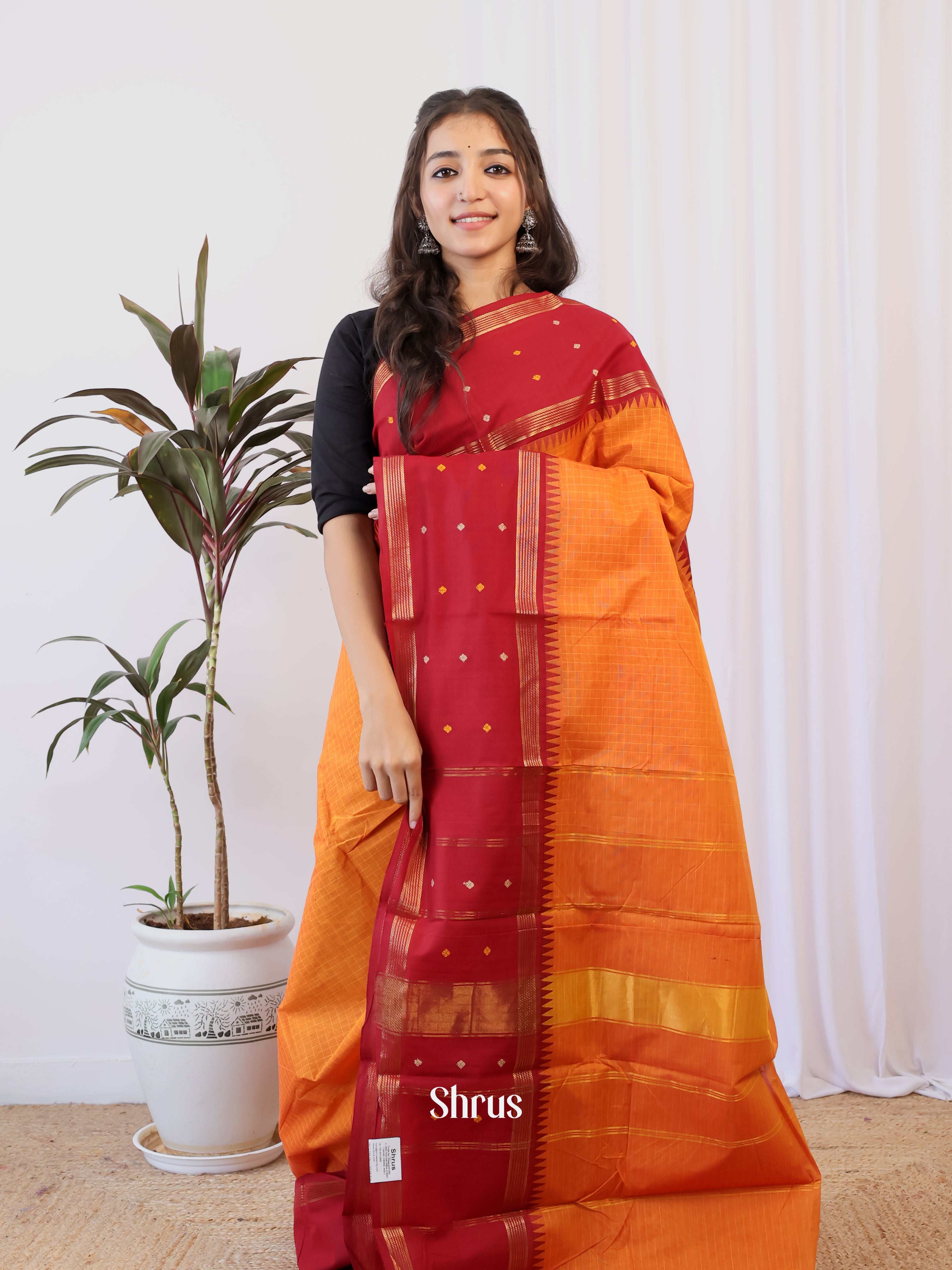 Orange & Red - Chettinad Cotton Saree - Shop on Shrus.com