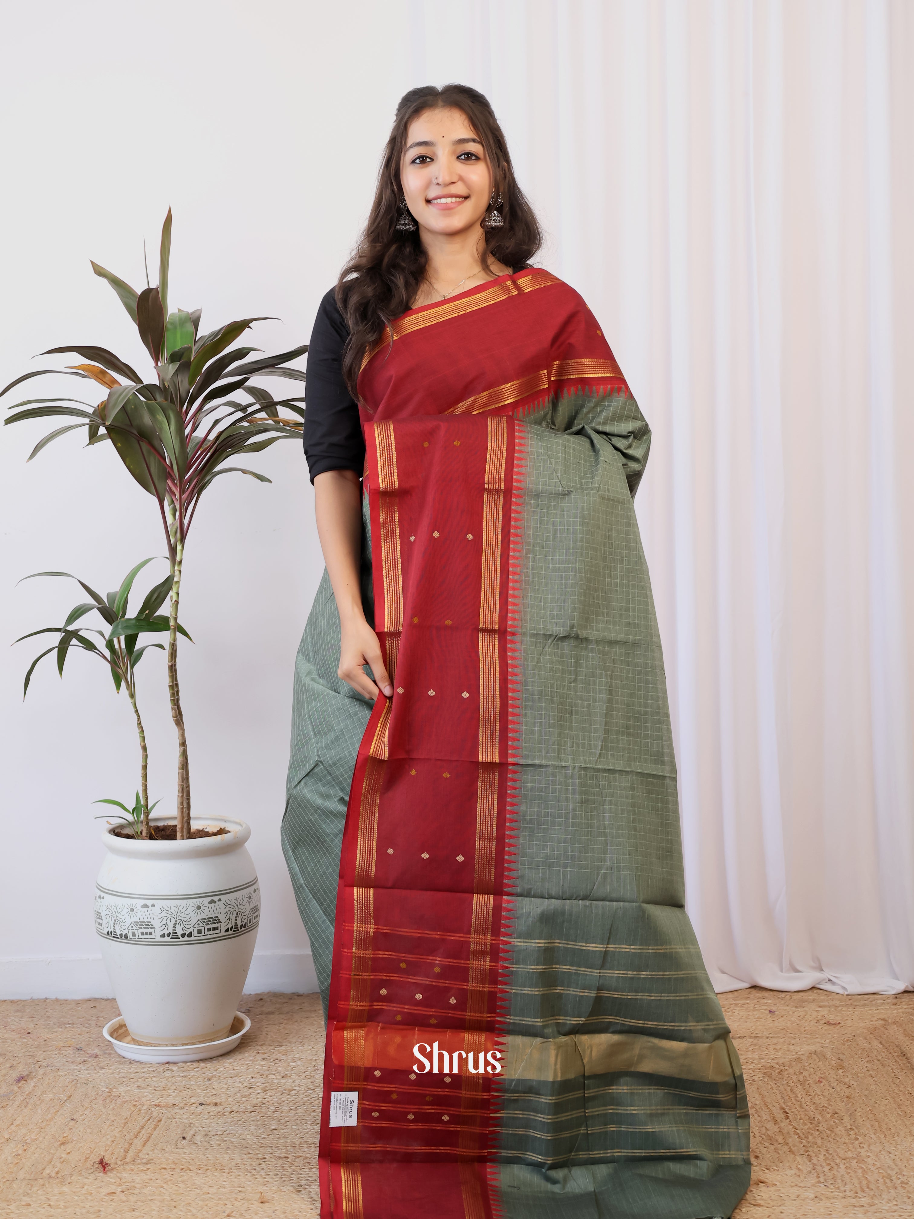 Grey & Red - Chettinad Cotton Saree - Shop on Shrus.com
