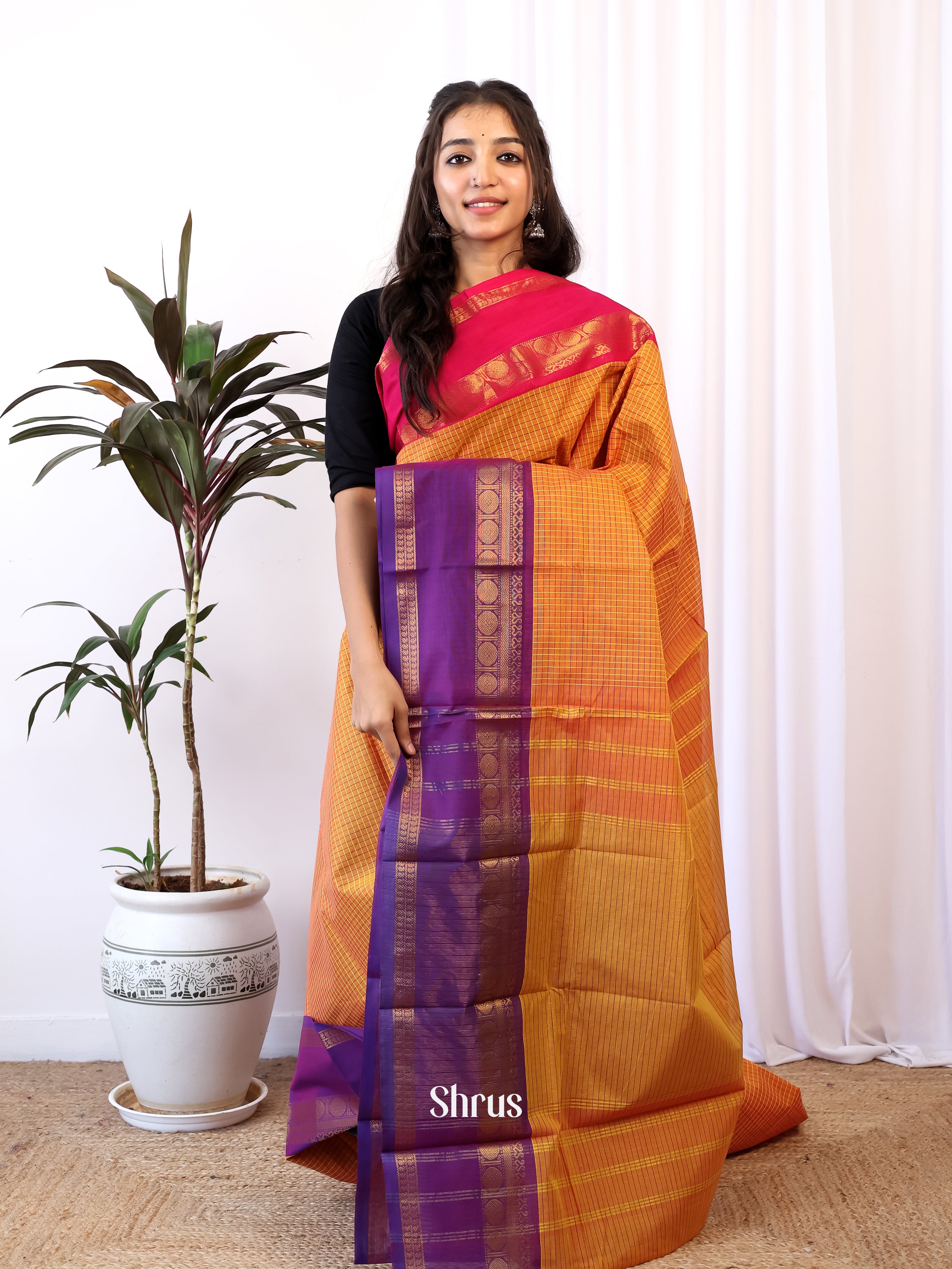 Orange & Purple- Chettinad Cotton Saree - Shop on Shrus.com