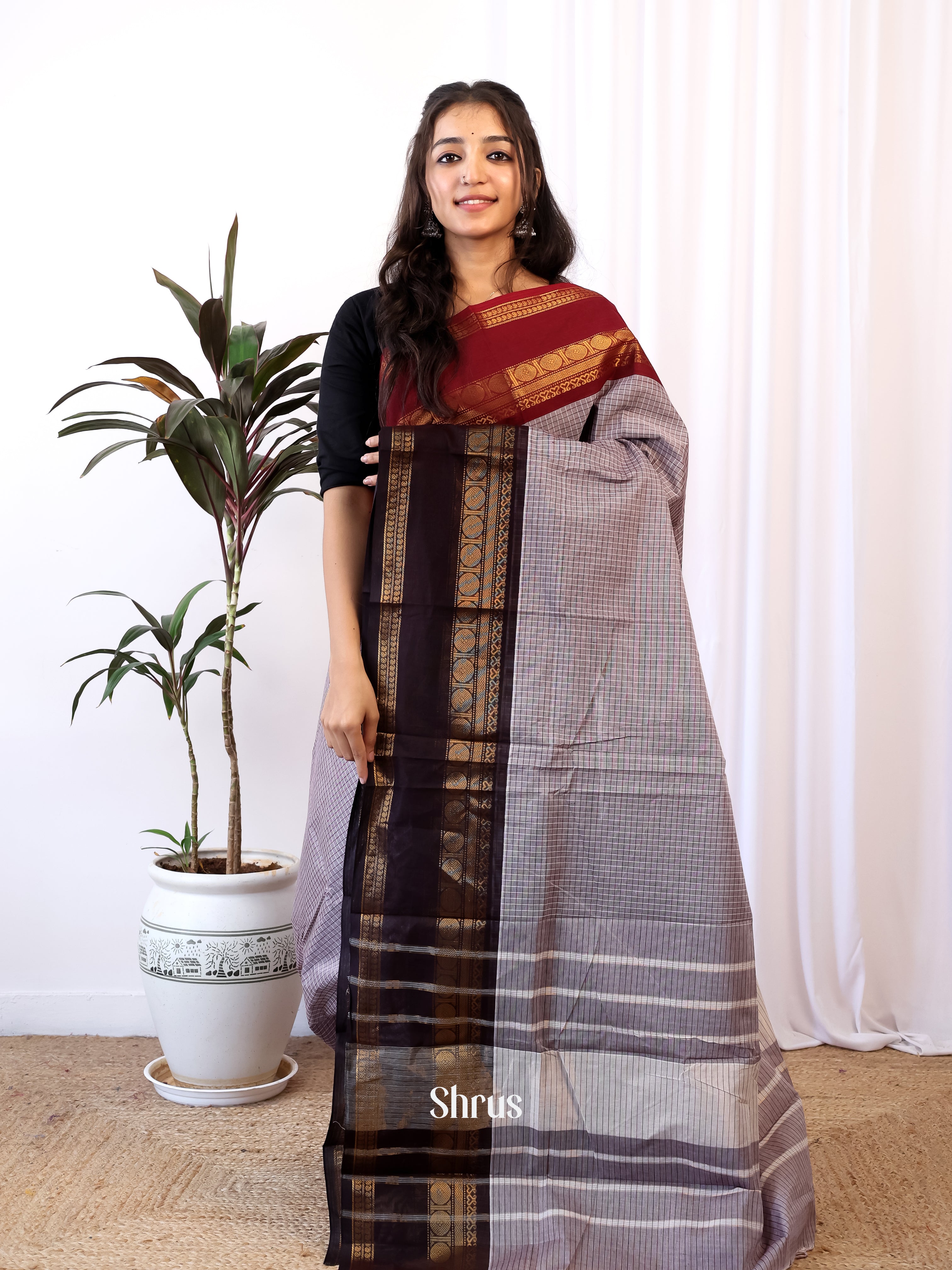 Grey & Black- Chettinad Cotton Saree - Shop on Shrus.com