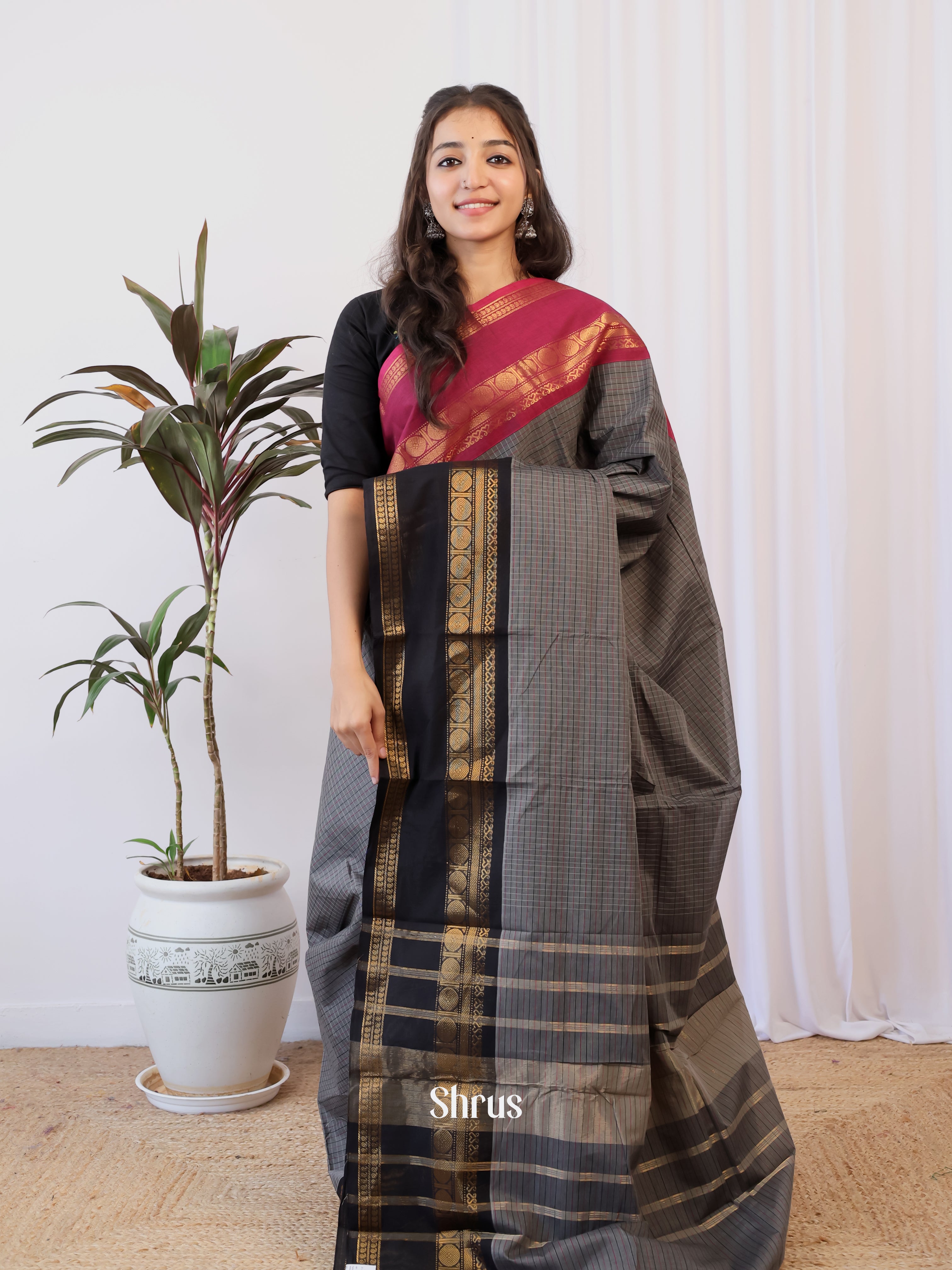 Grey & Black - Chettinad Cotton Saree - Shop on Shrus.com