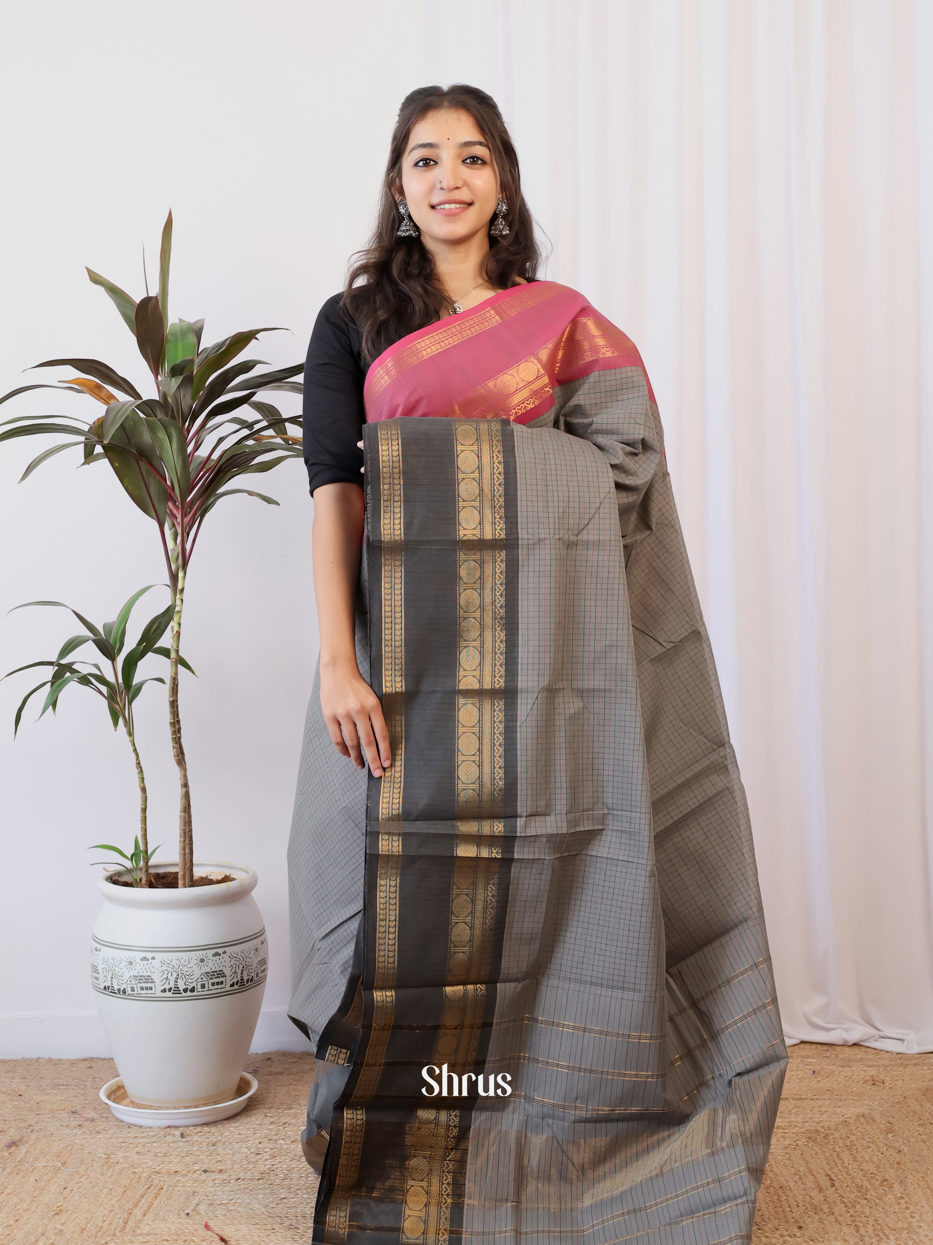 Grey & Red - Chettinad Cotton Saree - Shop on Shrus.com