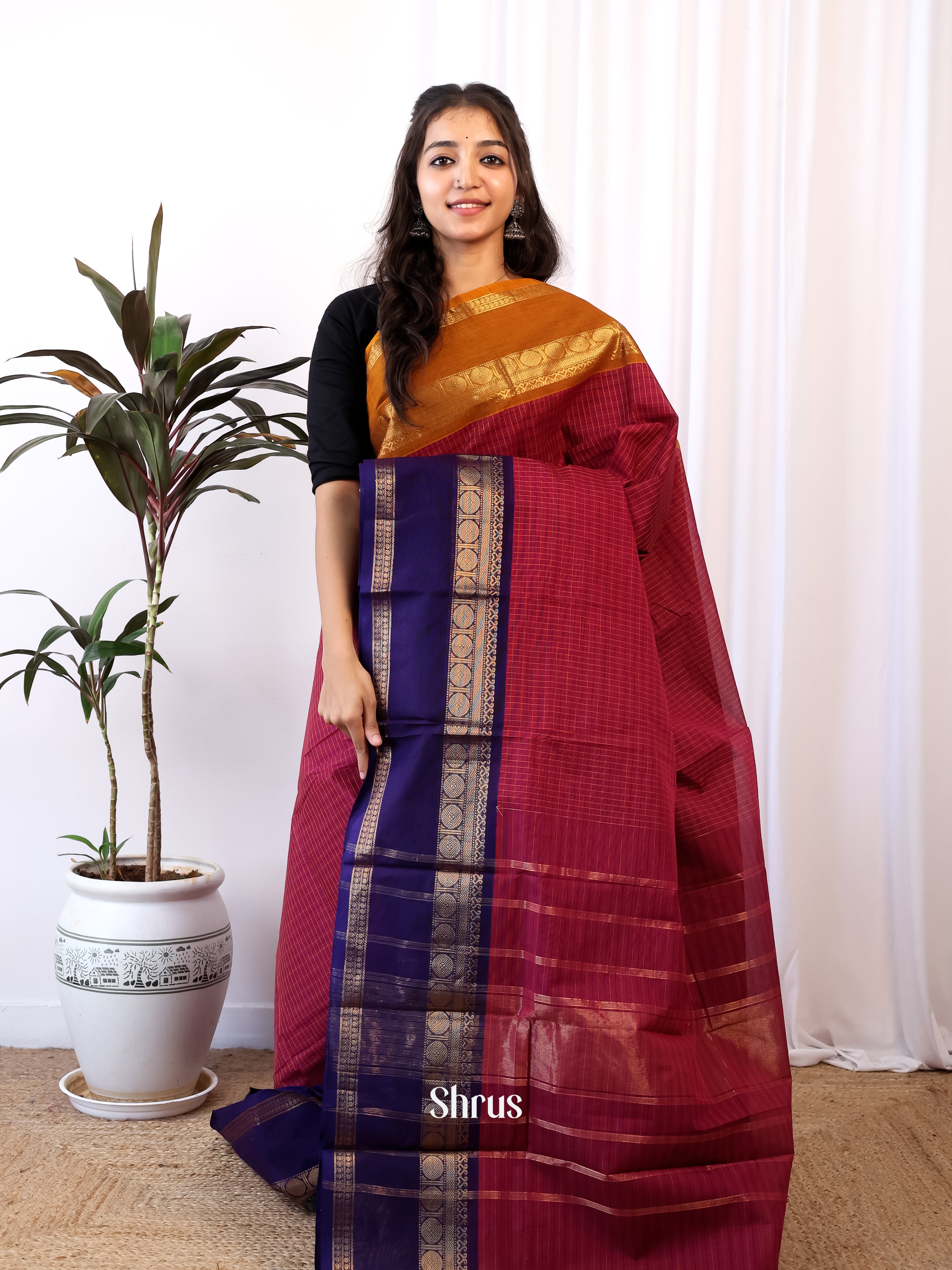 Maroon & Blue - Chettinad Cotton Saree - Shop on Shrus.com