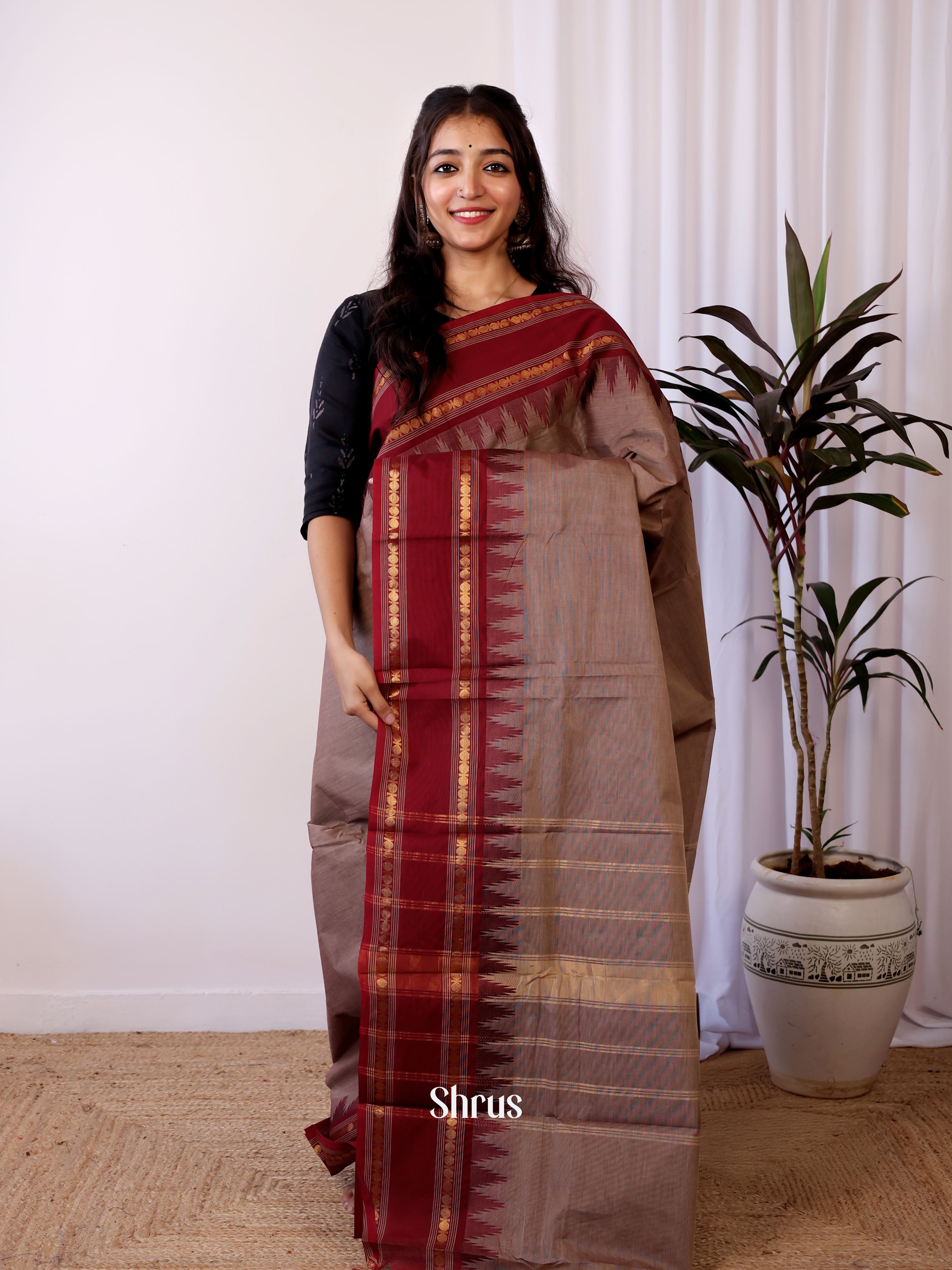 Grey & Maroon - Chettinad Cotton Saree - Shop on Shrus.com
