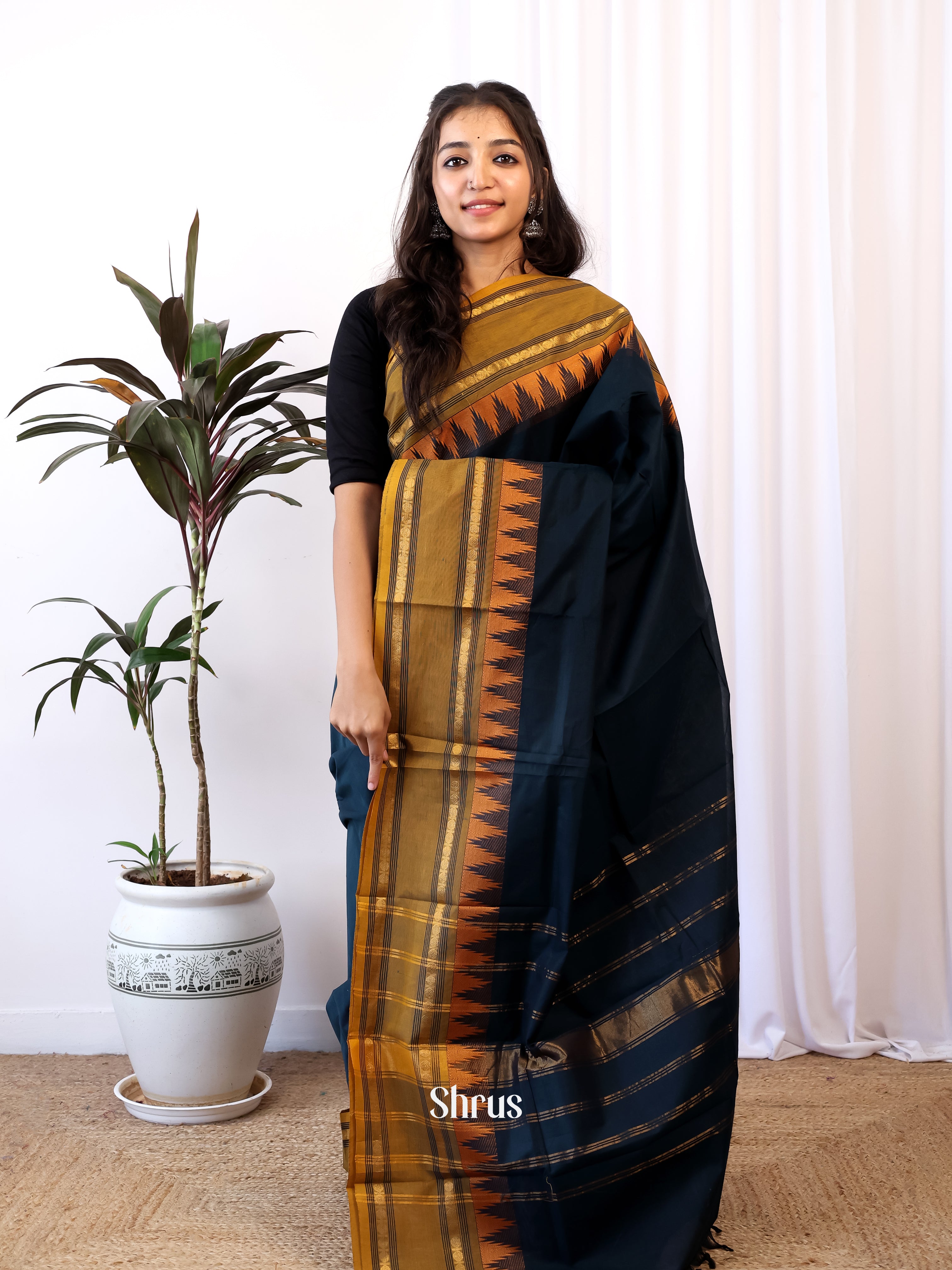 Blue & Brown - Chettinad Cotton Saree - Shop on Shrus.com