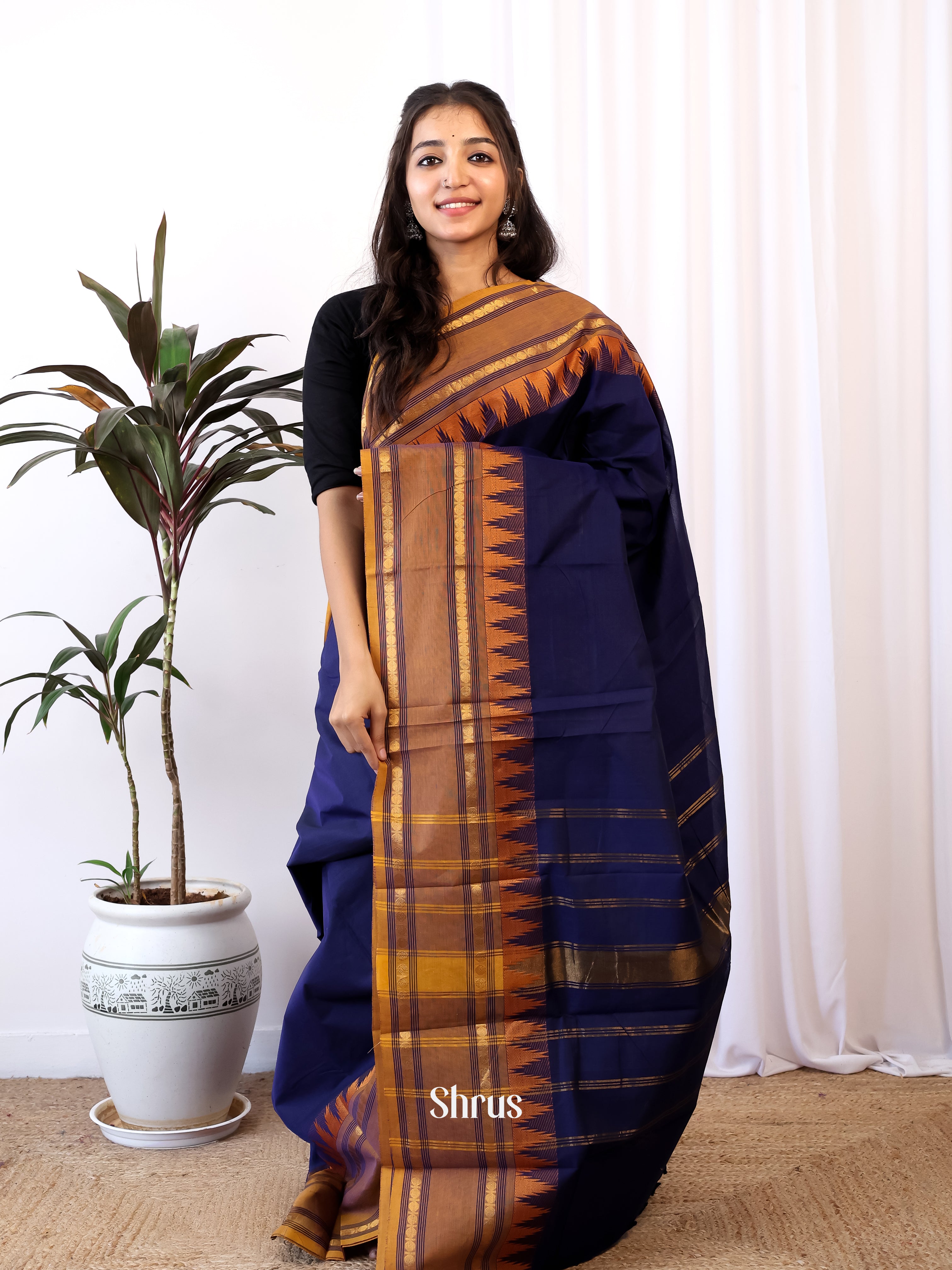 Blue & Brown - Chettinad Cotton Saree - Shop on Shrus.com