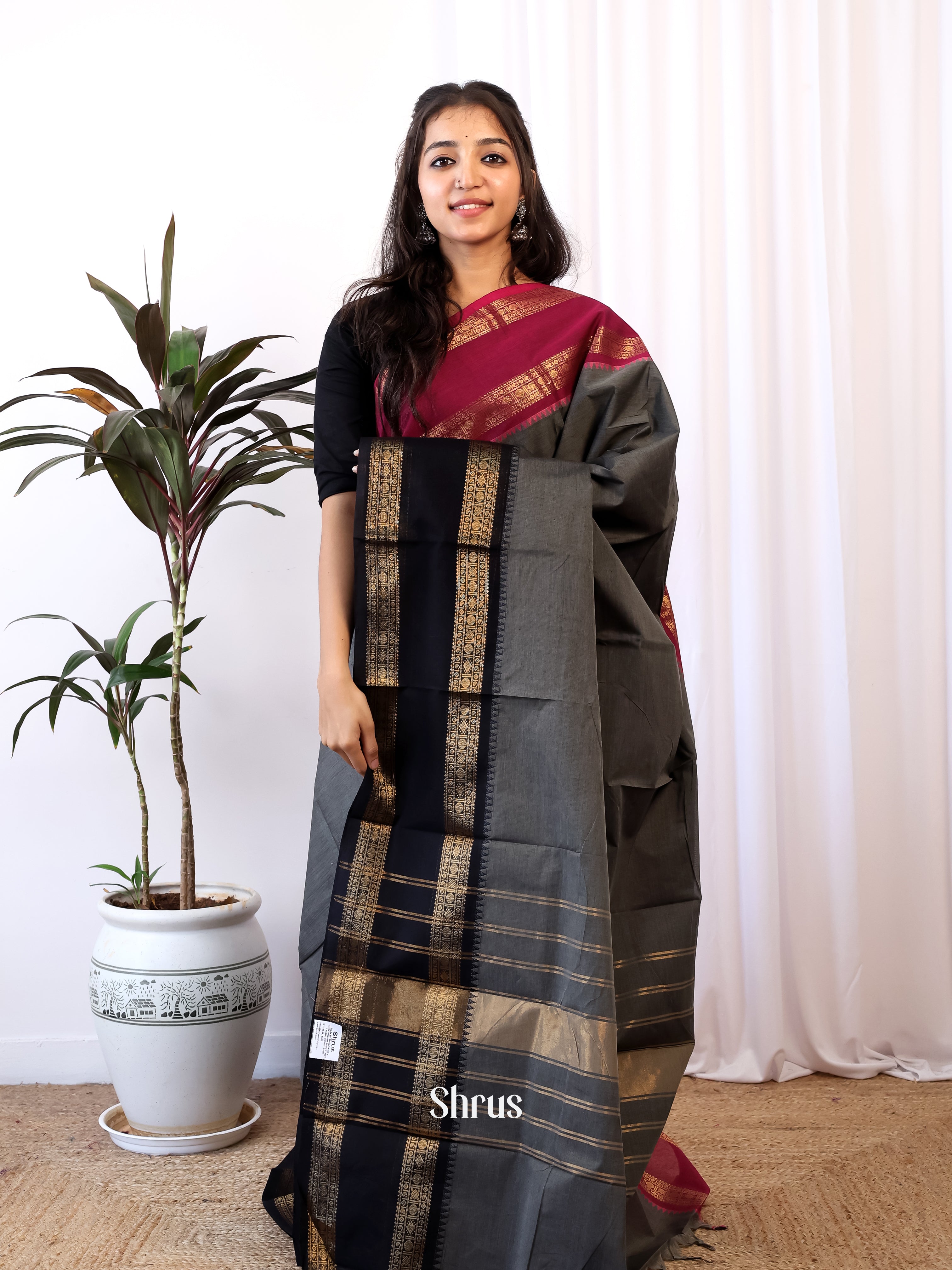 Grey & Black - Chettinad Cotton Saree - Shop on Shrus.com