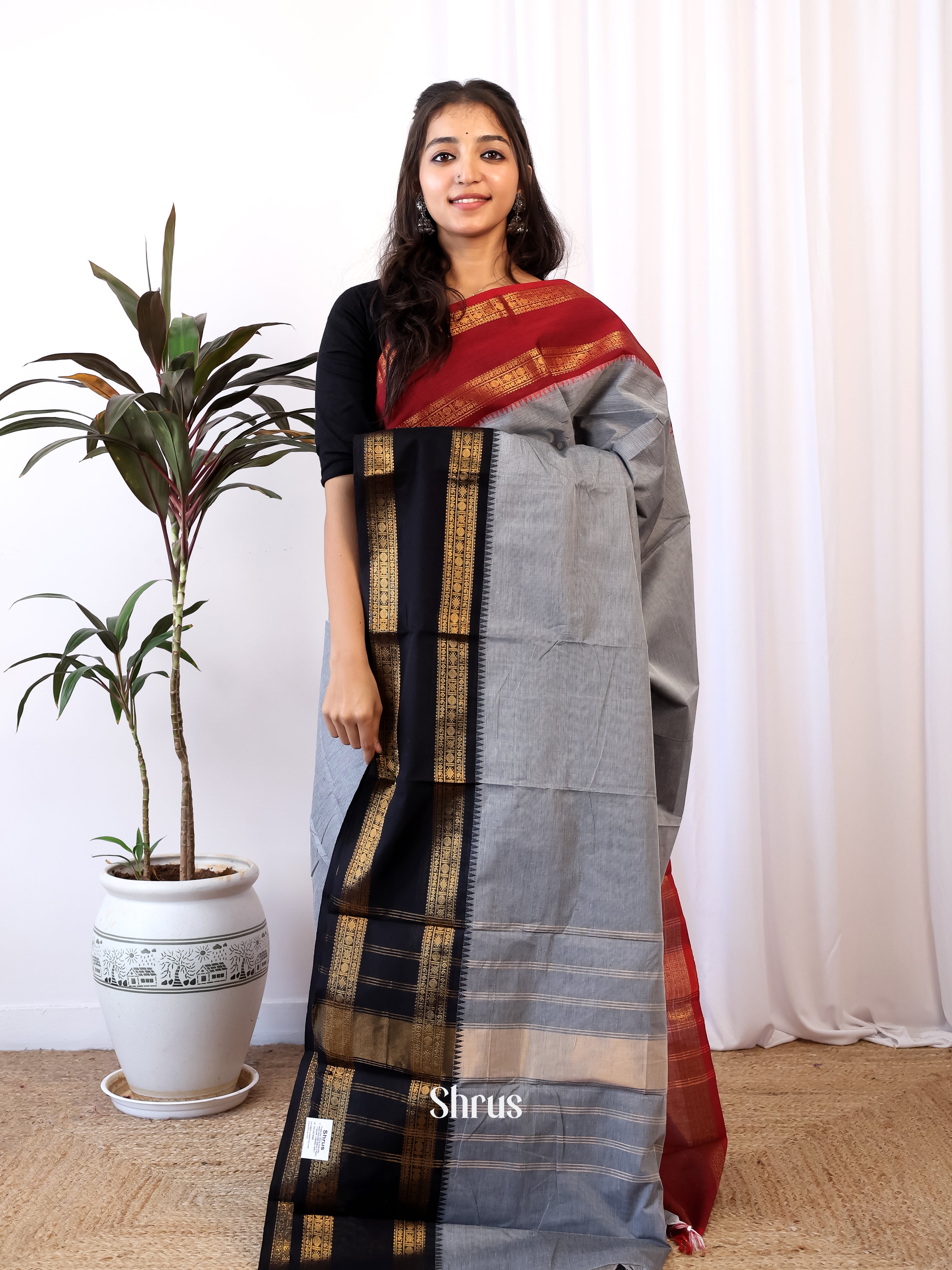Grey & Black - Chettinad Cotton Saree - Shop on Shrus.com