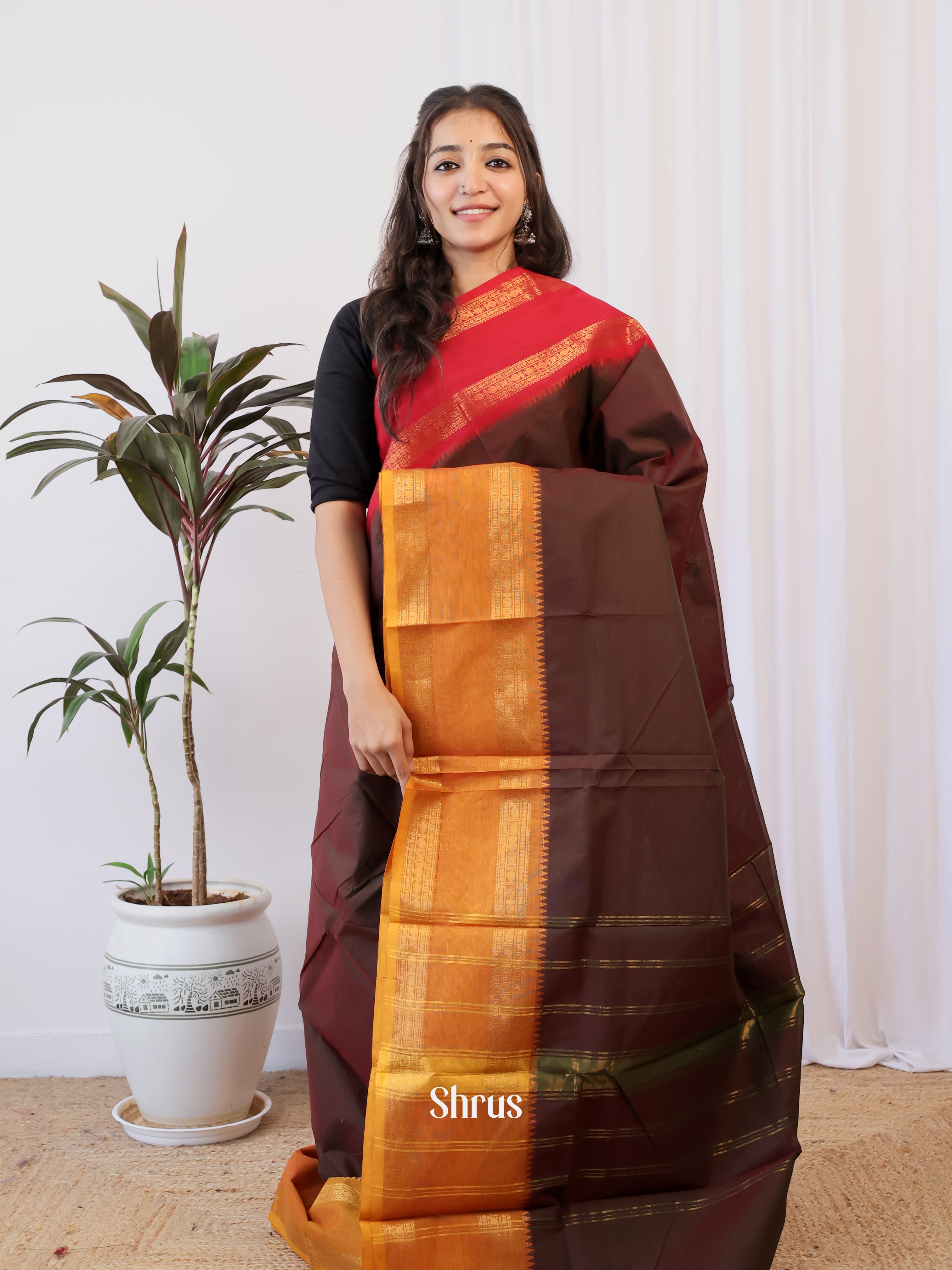Brown & Red - Chettinad Cotton Saree - Shop on Shrus.com