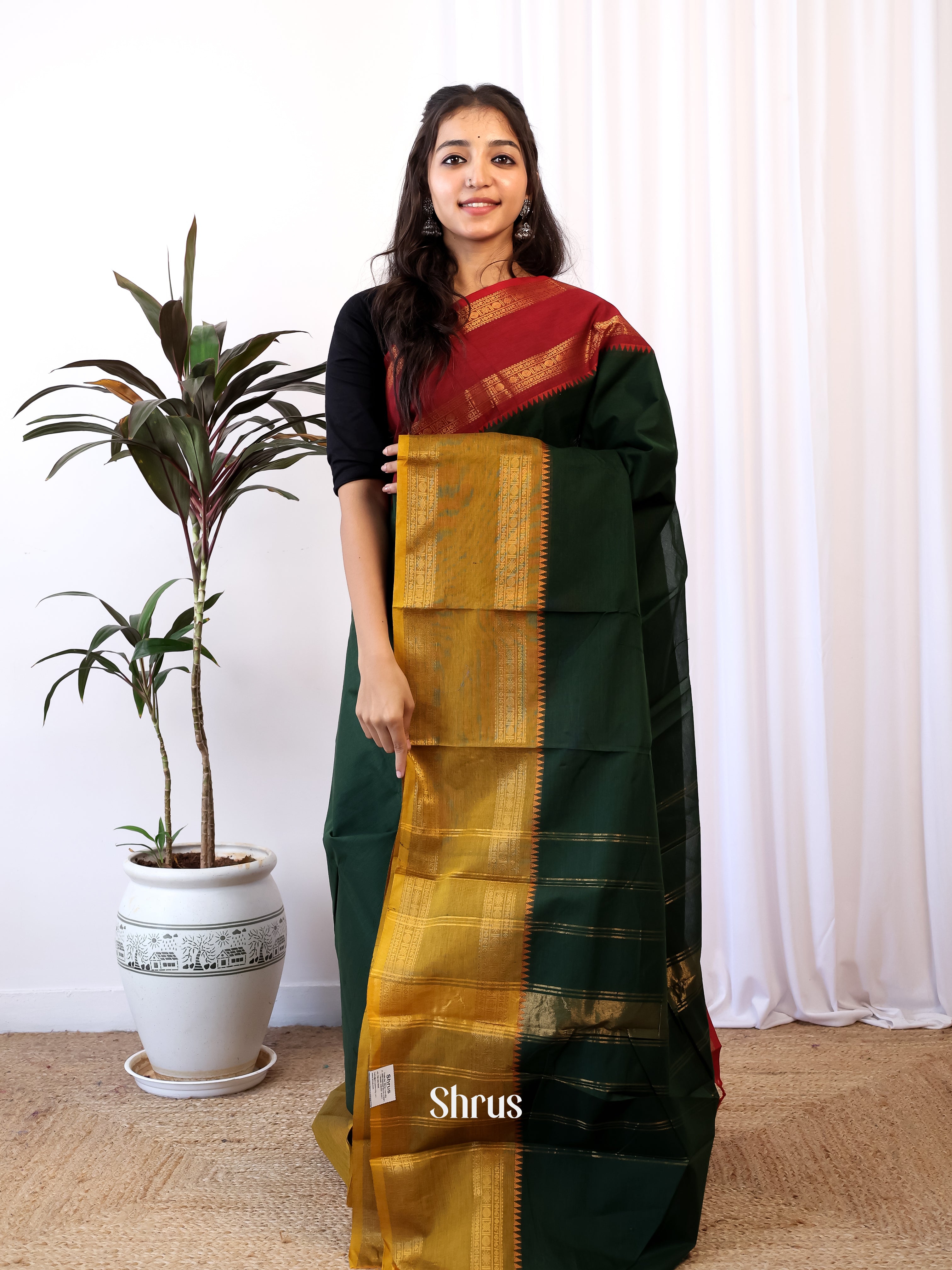 Dark Green & Red- Chettinad Cotton Saree - Shop on Shrus.com