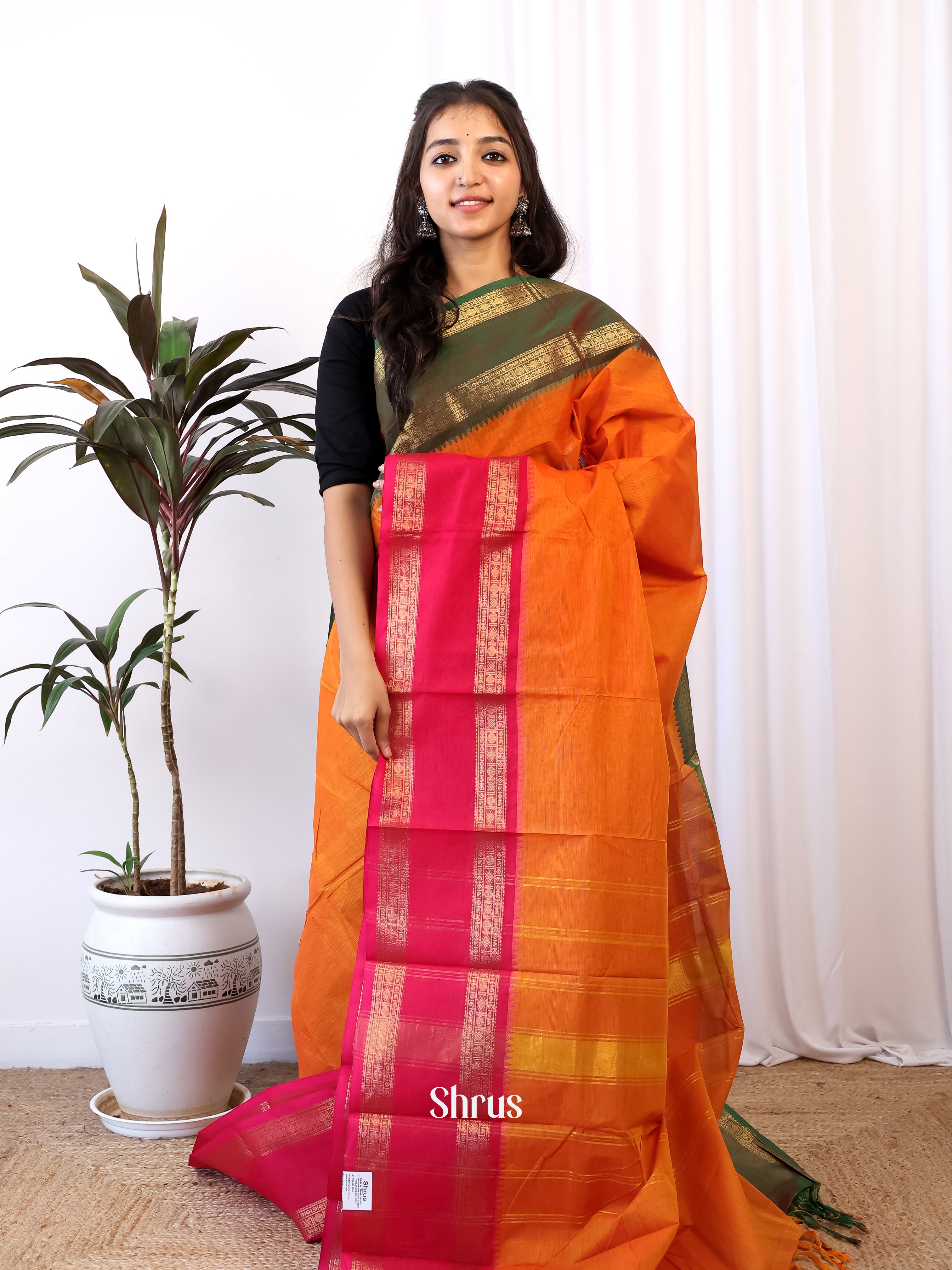 Orange & Green - Chettinad Cotton Saree - Shop on Shrus.com