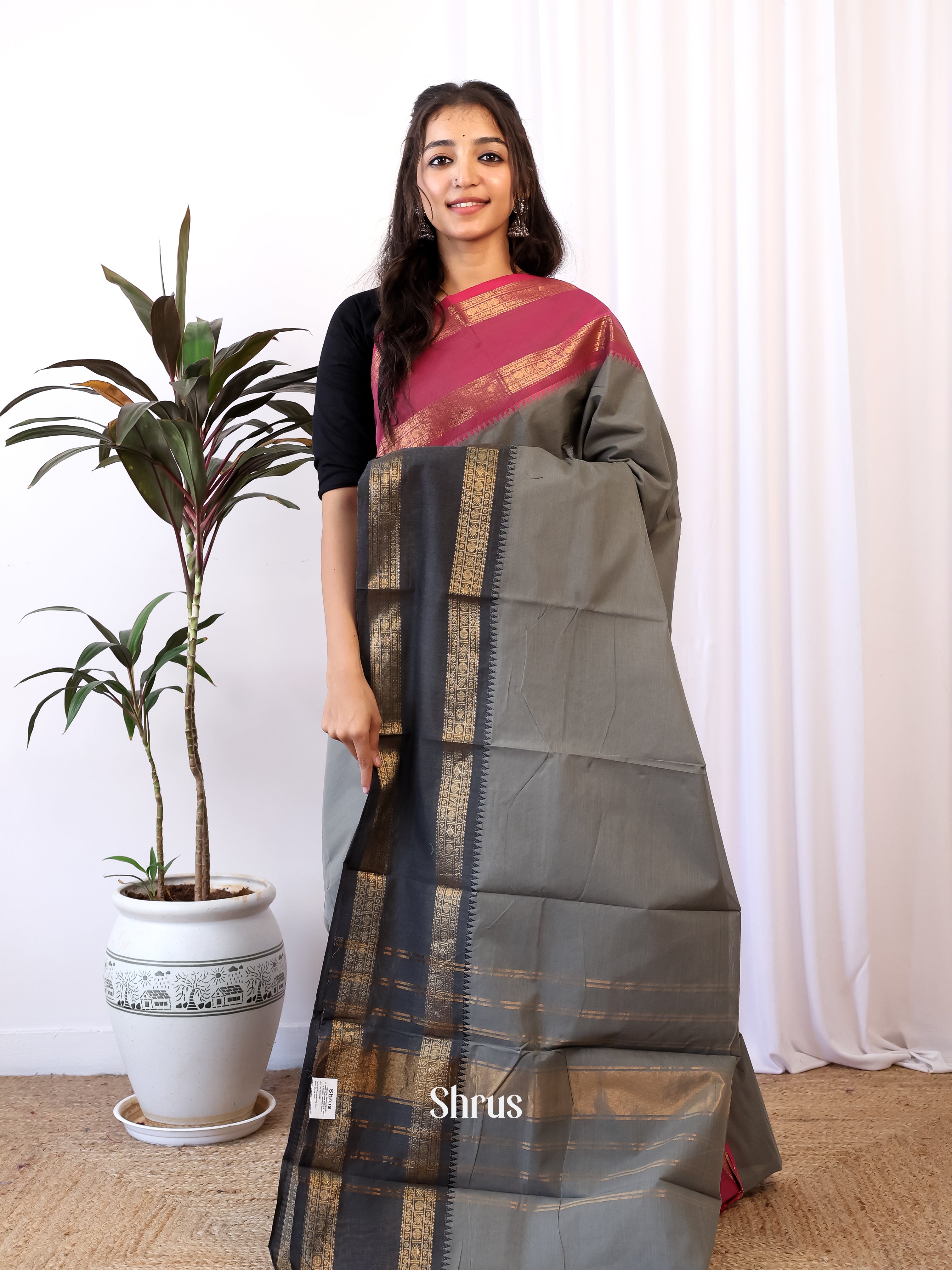 Grey & Red - Chettinad Cotton Saree - Shop on Shrus.com