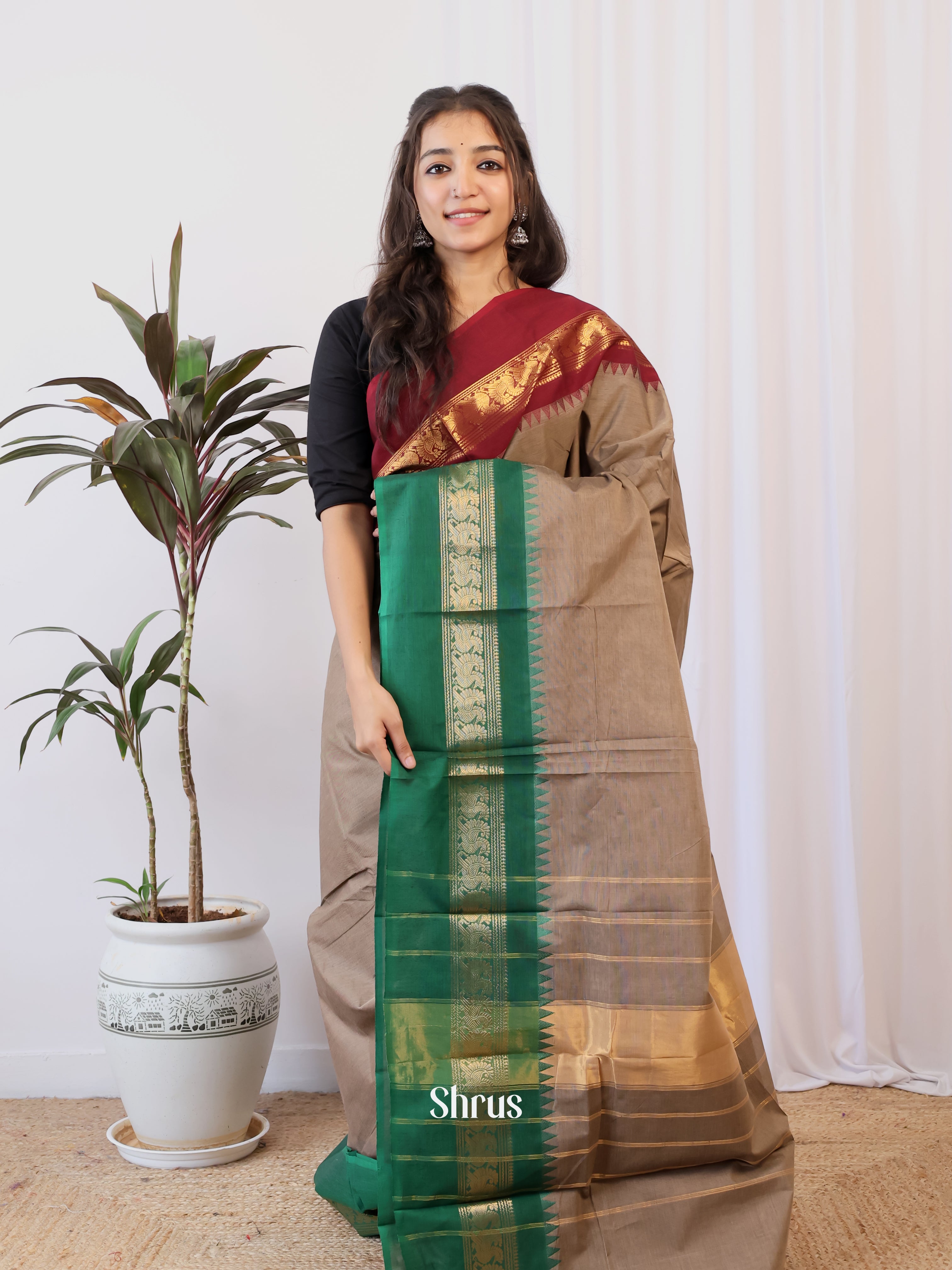 Grey & Green - Chettinad Cotton Saree - Shop on Shrus.com