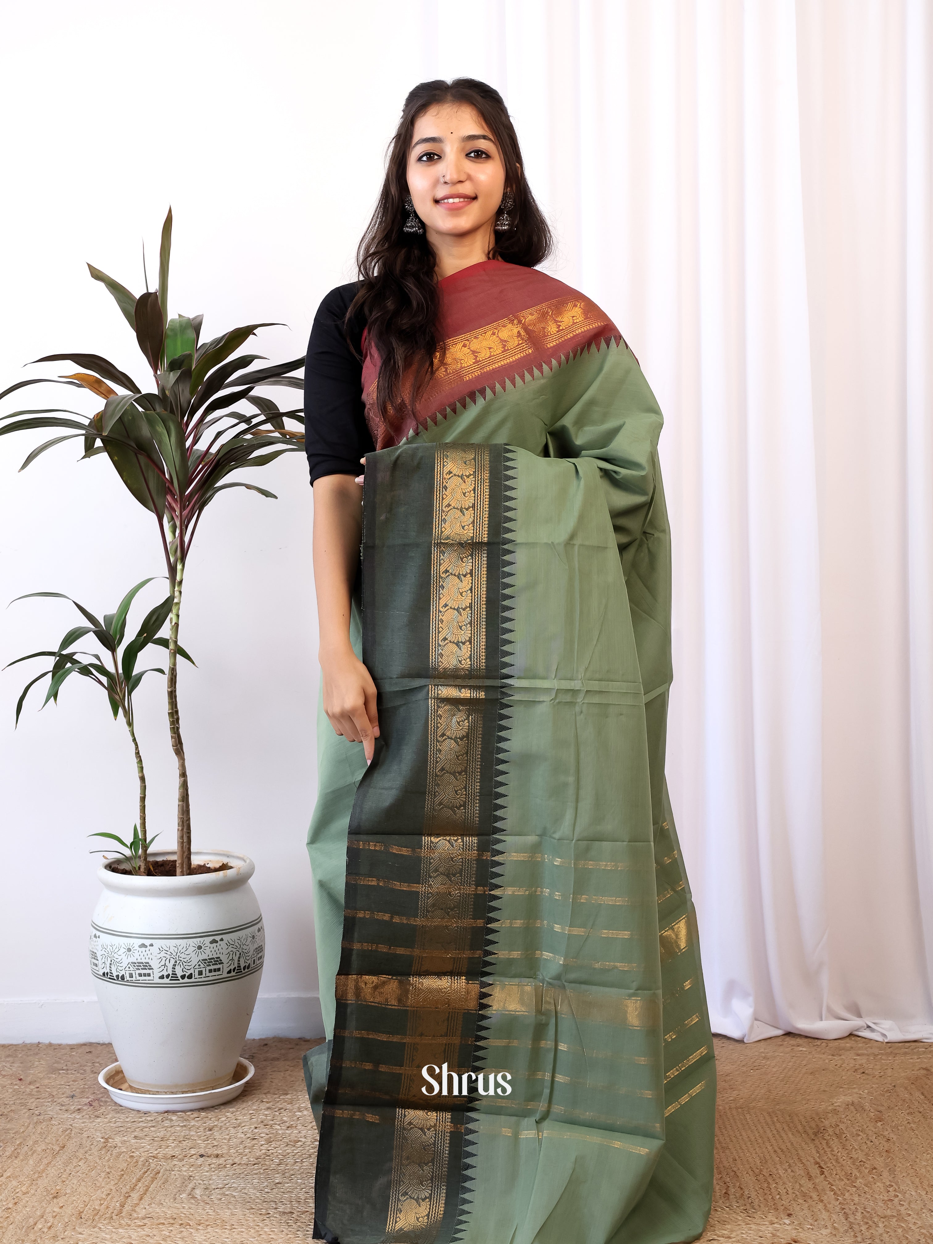 Green & Brown - Chettinad Cotton Saree - Shop on Shrus.com
