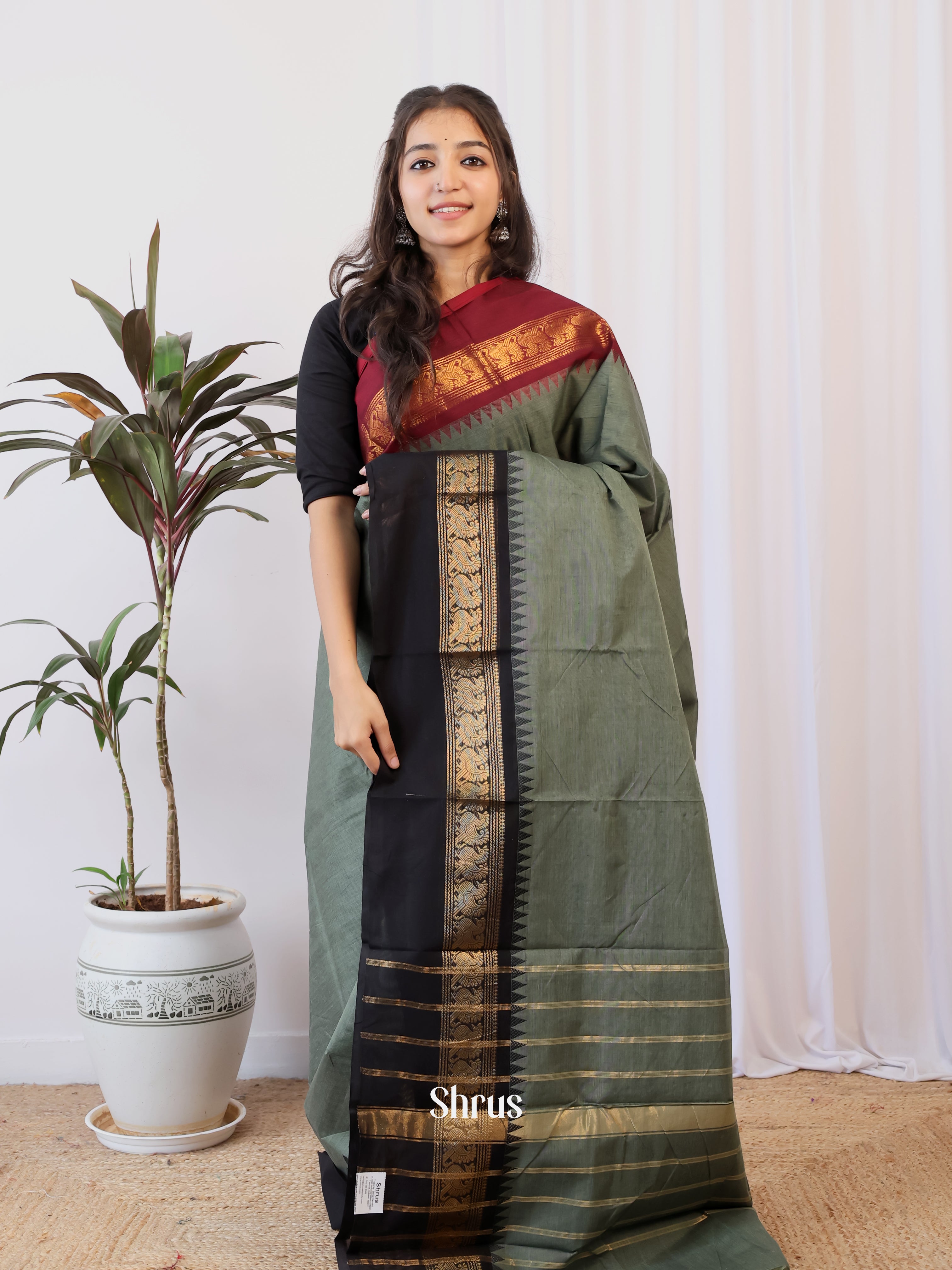 Grey & Black - Chettinad Cotton Saree - Shop on Shrus.com