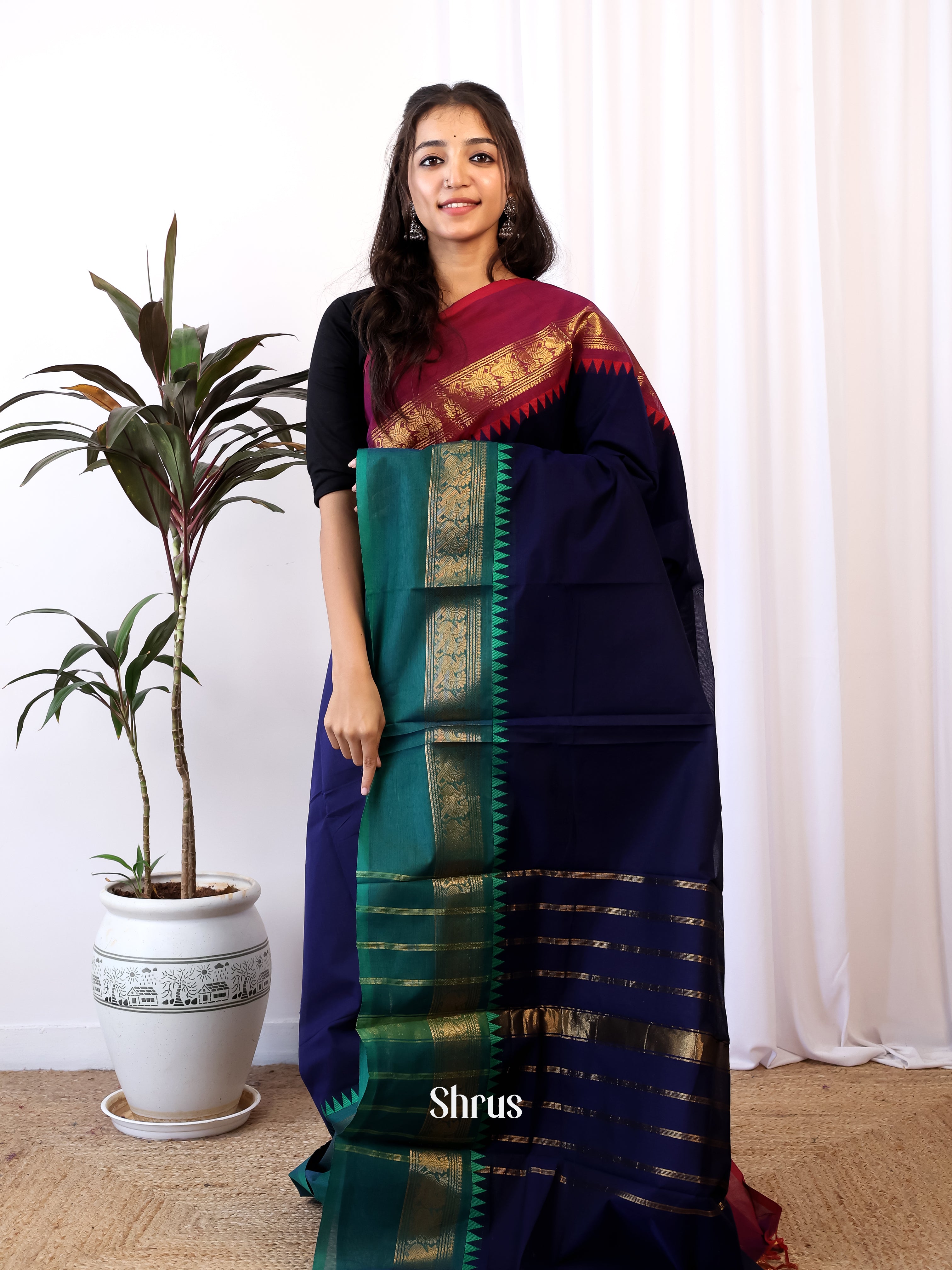 Blue & Green - Chettinad Cotton Saree - Shop on Shrus.com