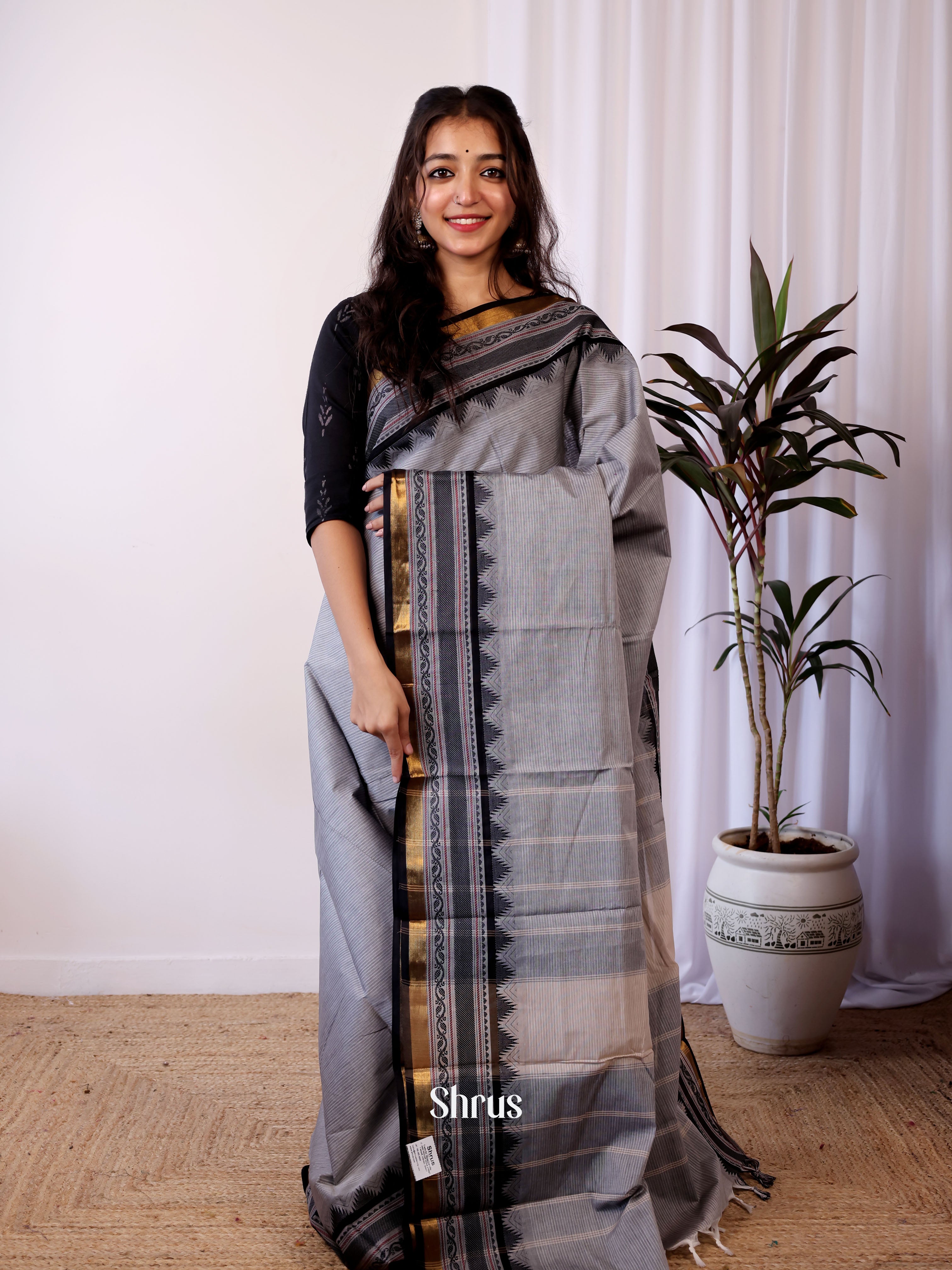 Grey & Black - Chettinad Cotton Saree - Shop on Shrus.com
