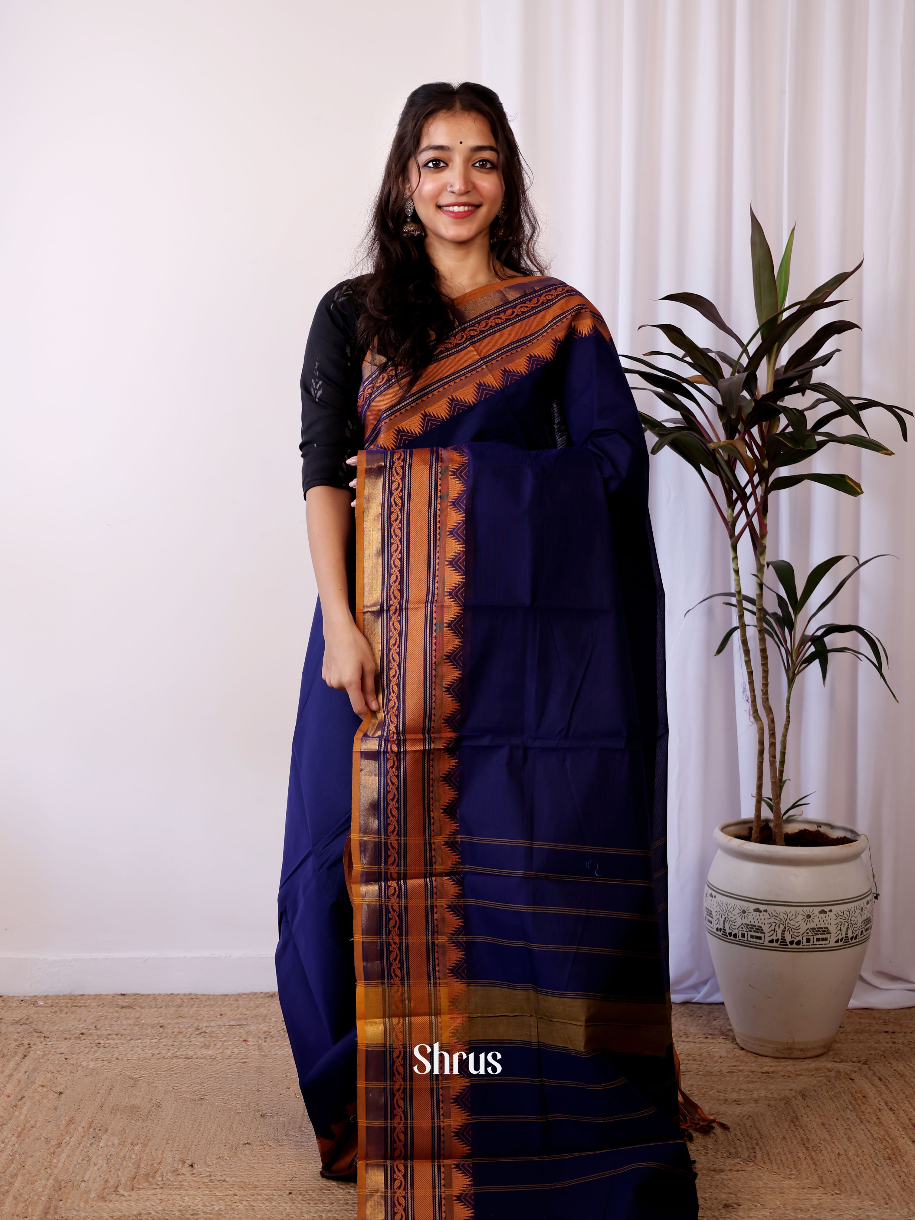 Blue & Brown - Chettinad Cotton Saree - Shop on Shrus.com
