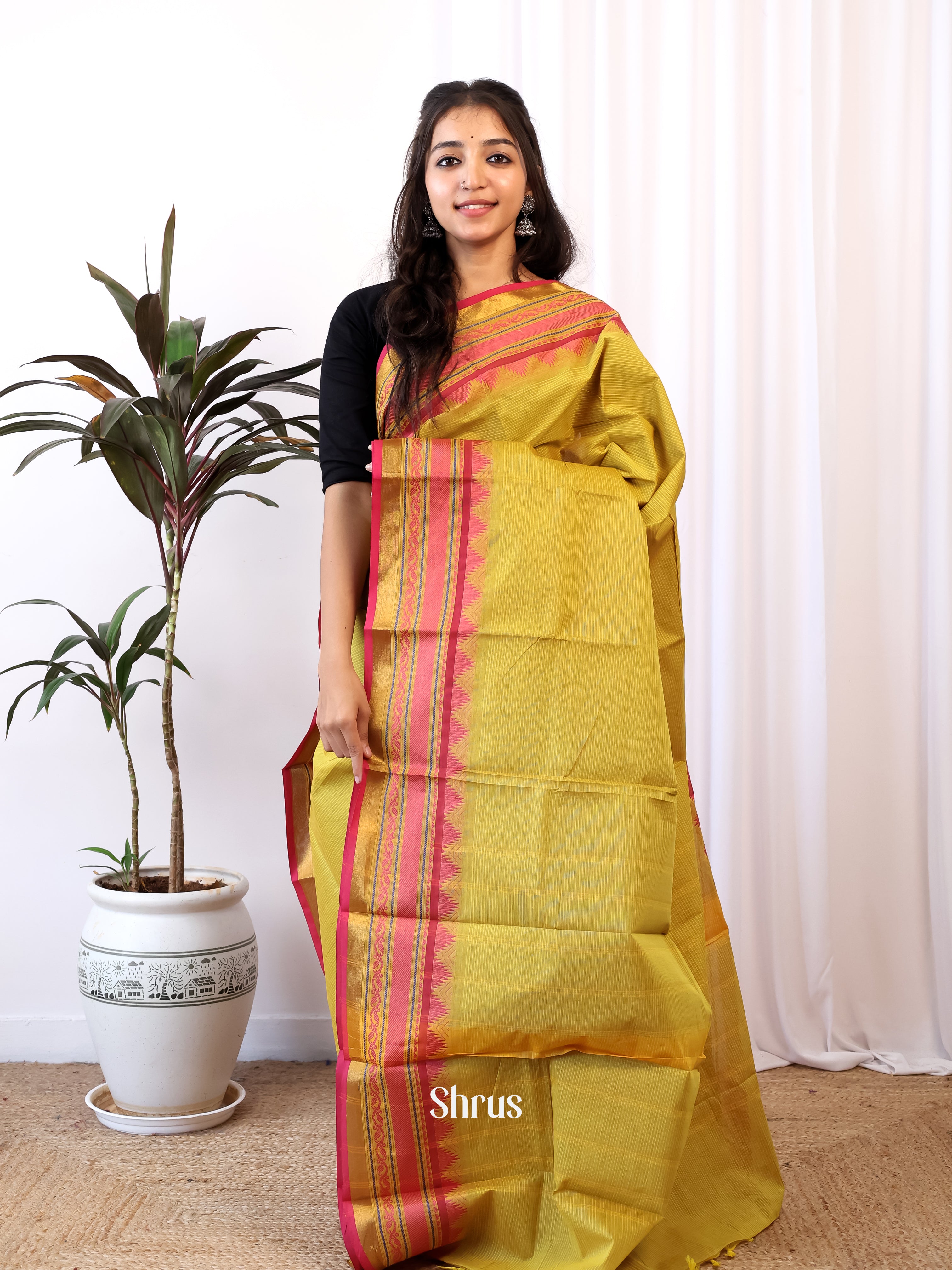 Mustardy Green & Red - Chettinad Cotton Saree - Shop on Shrus.com