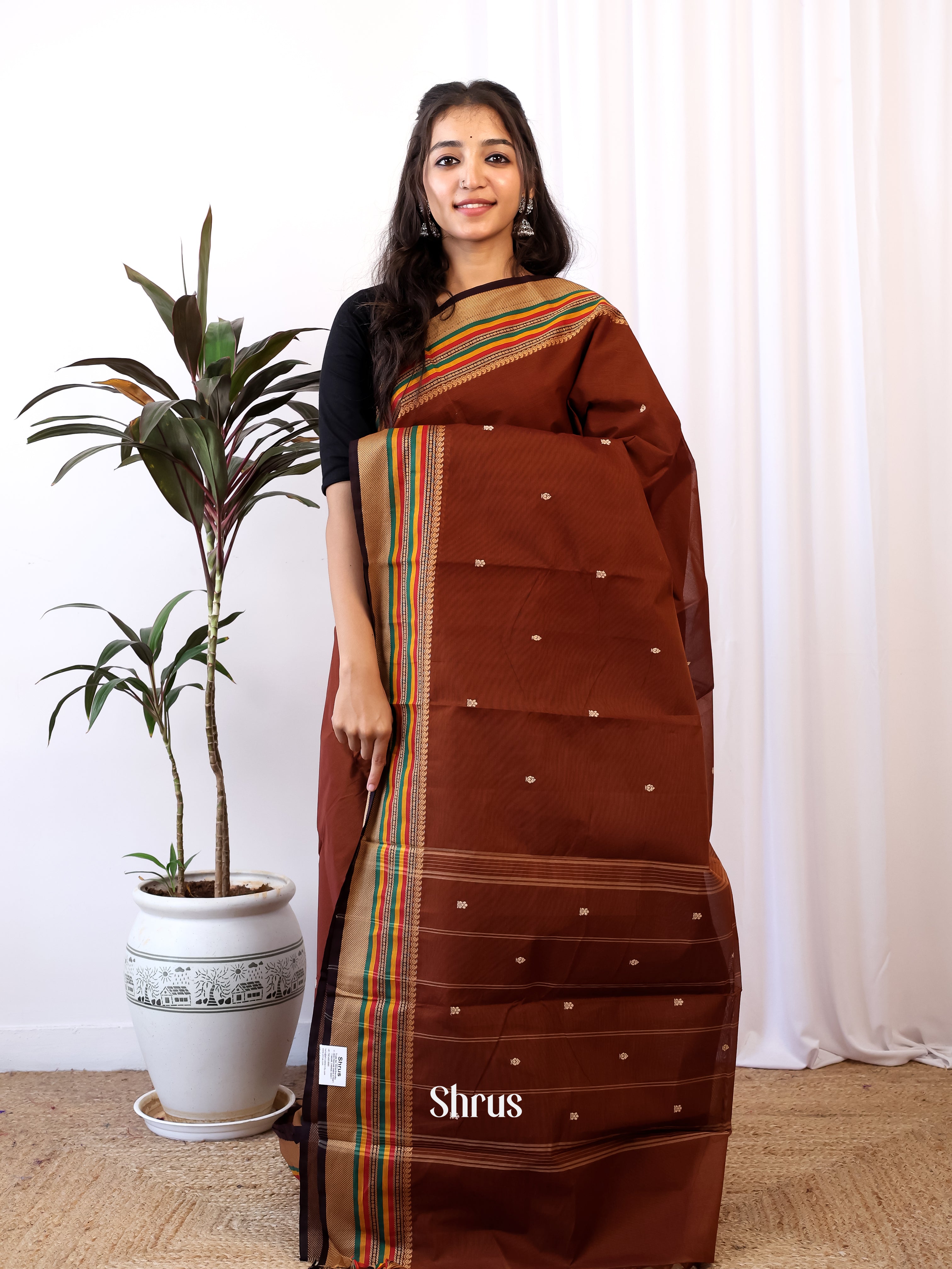 Brown & Black- Chettinad Cotton Saree - Shop on Shrus.com