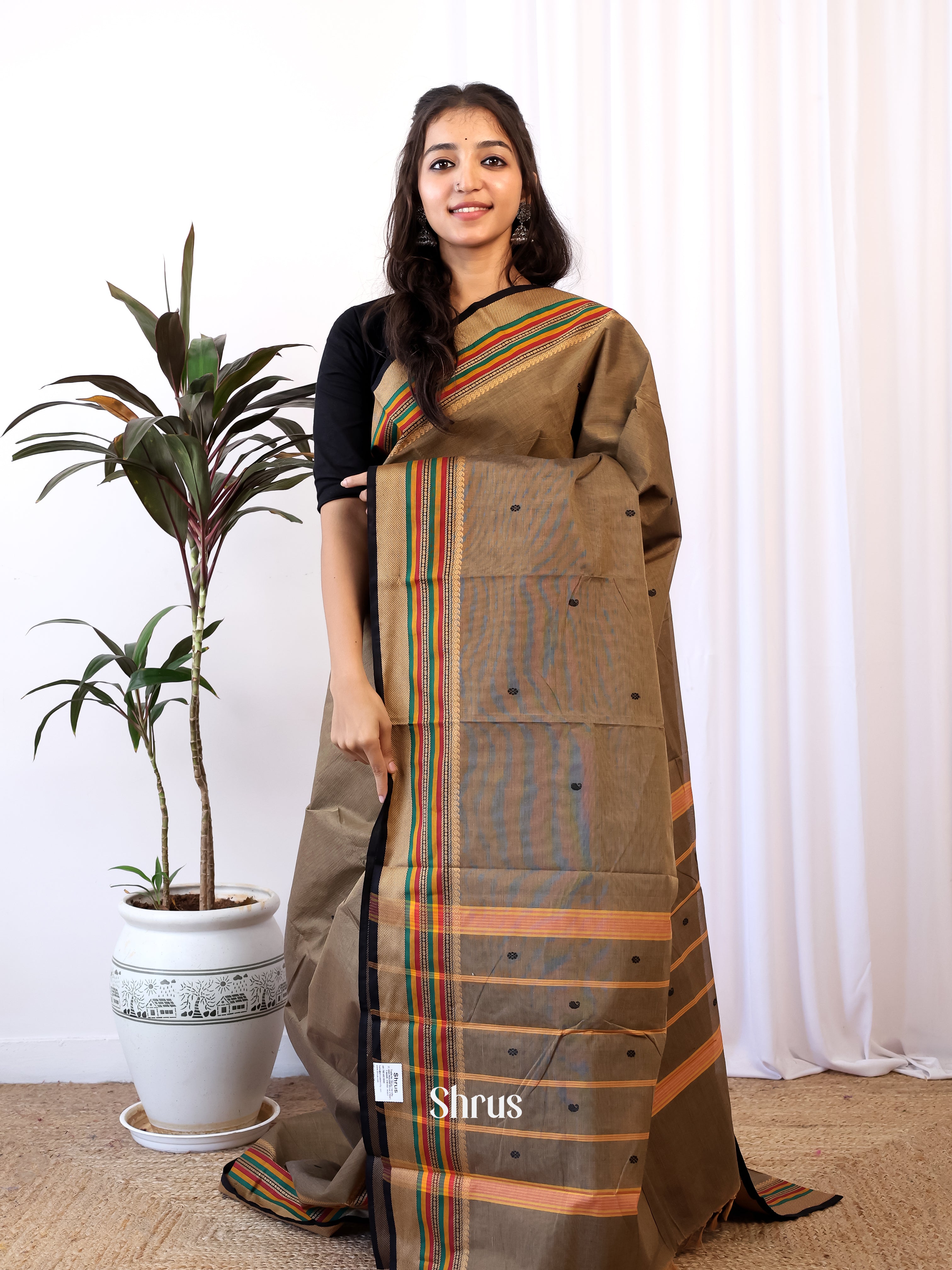 Grey& Black - Chettinad Cotton Saree - Shop on Shrus.com